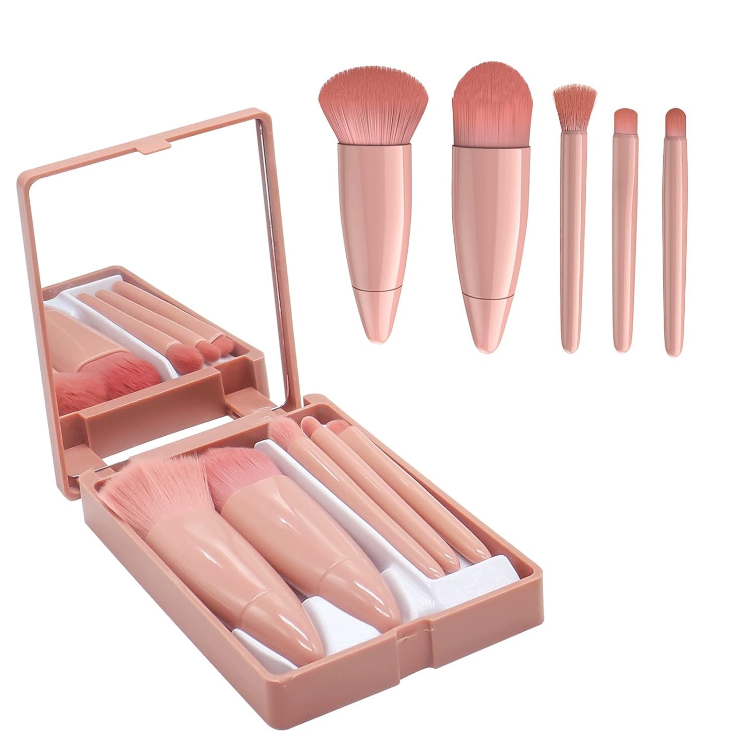 **Professional 5-Piece Travel Makeup Brush Set with Mirror – Portable Mini Makeup Brushes Kit for Women, Includes Face, Eye, Eyebrow, Blush & Lip Gloss Brushes – Perfect for On-the-Go Touch-Ups & Travel Beauty Essentials**