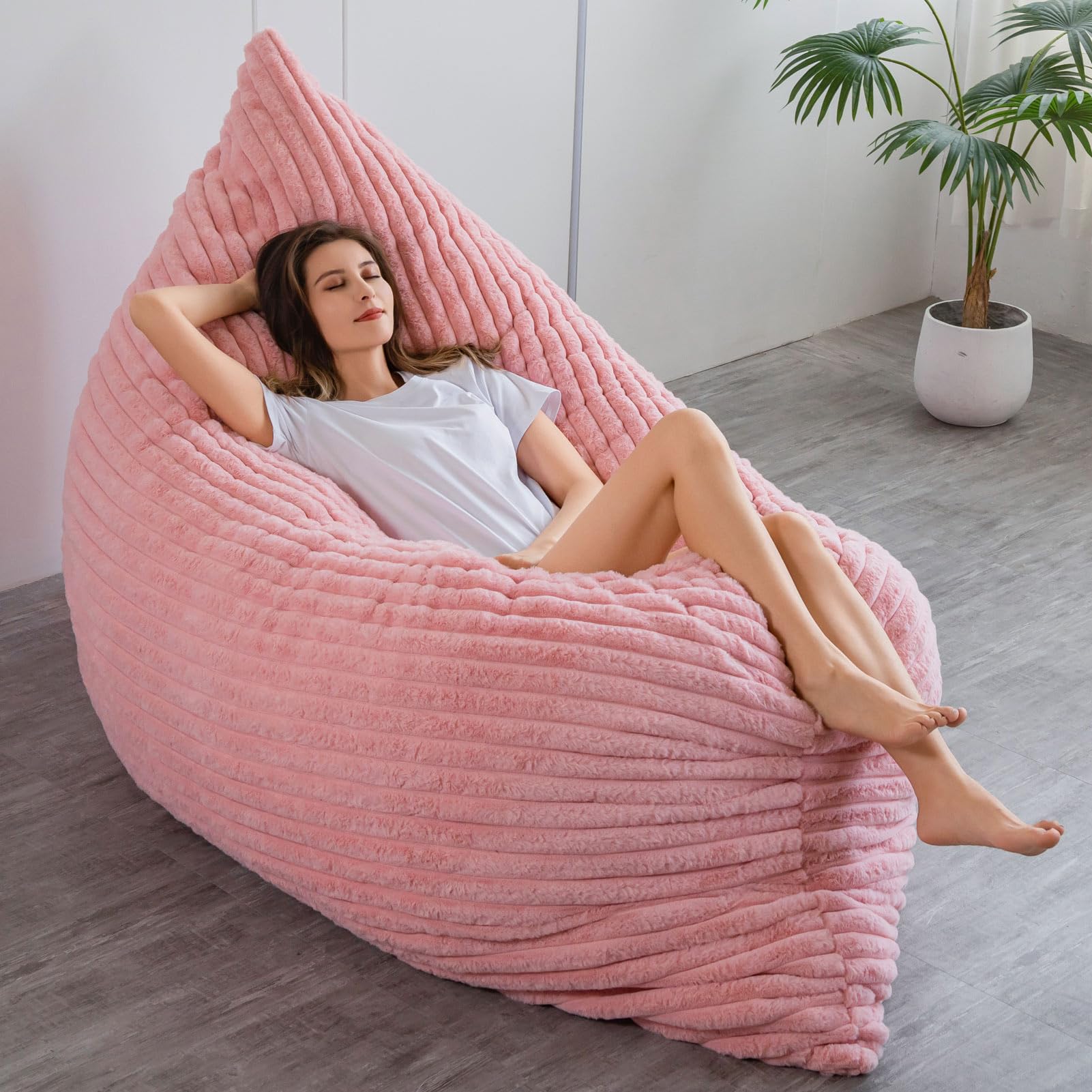 MAXYOYO 3-in-1 Convertible Bean Bag Chair - Soft Striped Faux Fur Large Floor Pillow for Kids & Adults - Pink - Perfect for Bedroom, Living Room & Dorm Room Relaxation