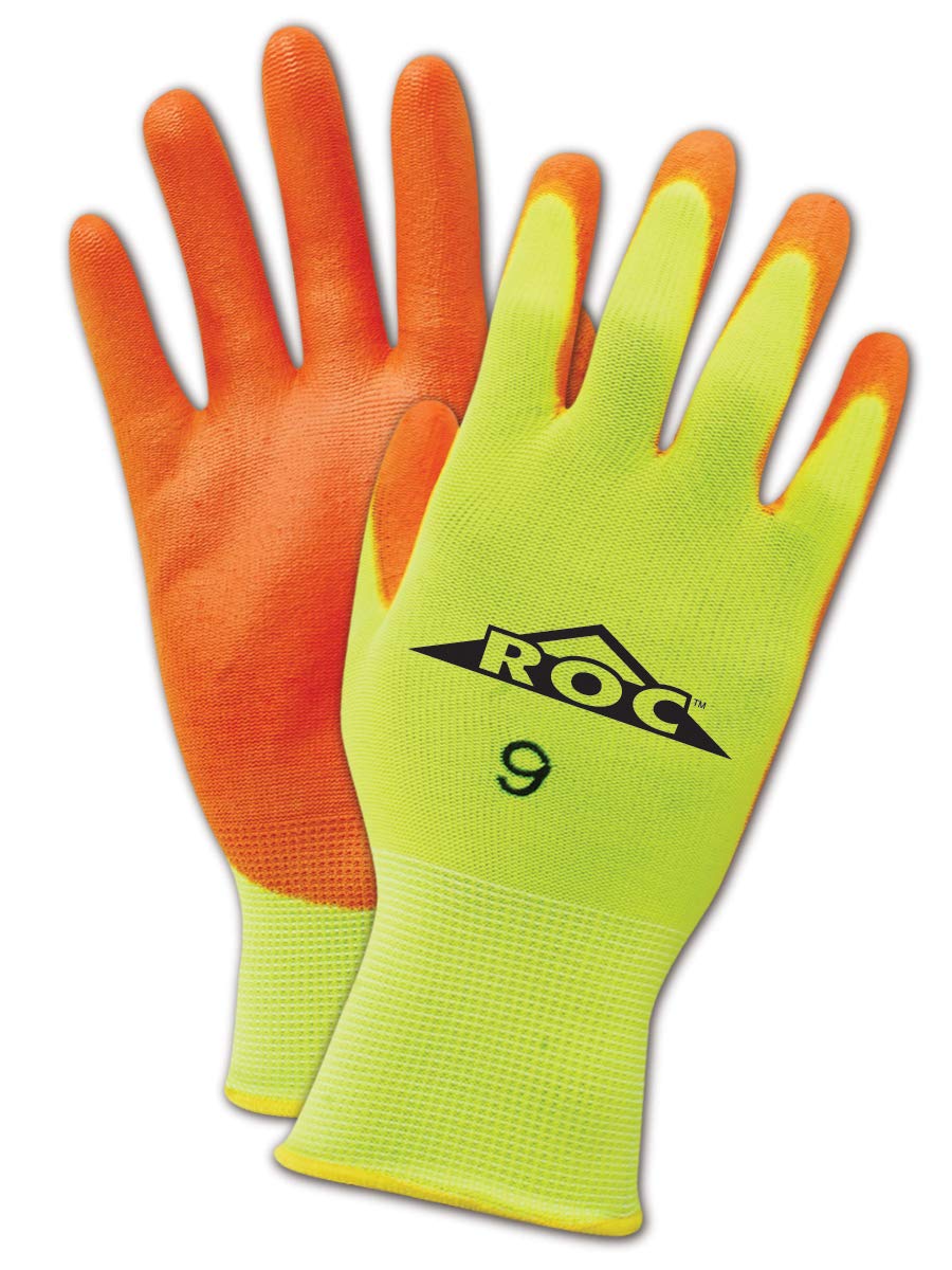 MAGID ROC Polyurethane Palm Coated Dry Grip Hi-Visibility Work Gloves - 72 Pairs (HV144) - Durable Safety Gloves for Construction, Warehouse & Outdoor Work
