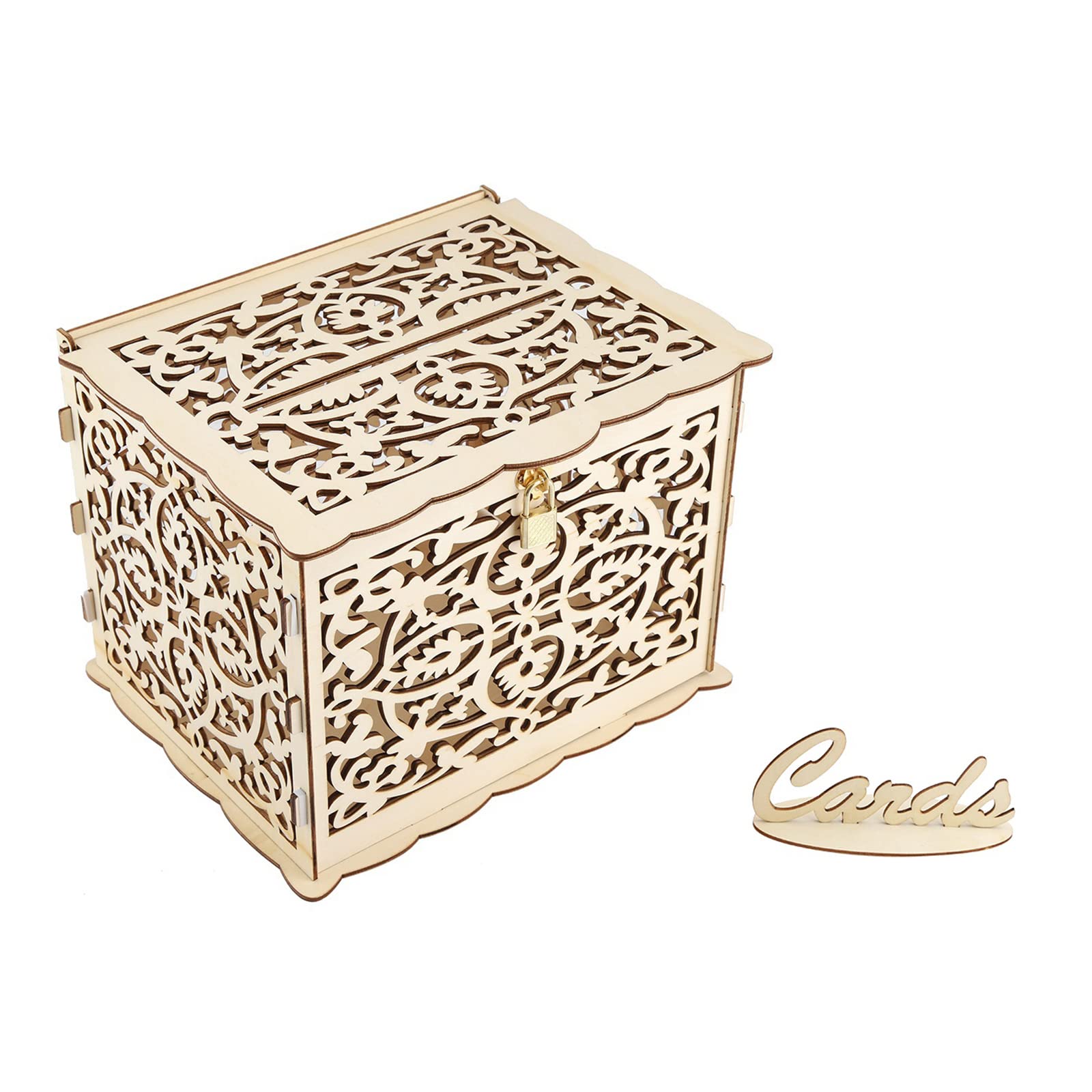 Natural Wood Wedding Card Box with Hollow Design & Lock - Foldable DIY Gift Box for Weddings, Anniversaries, Graduations, Baby Showers & Birthdays | Perfect for Ceremony Card Collection & Party Decor