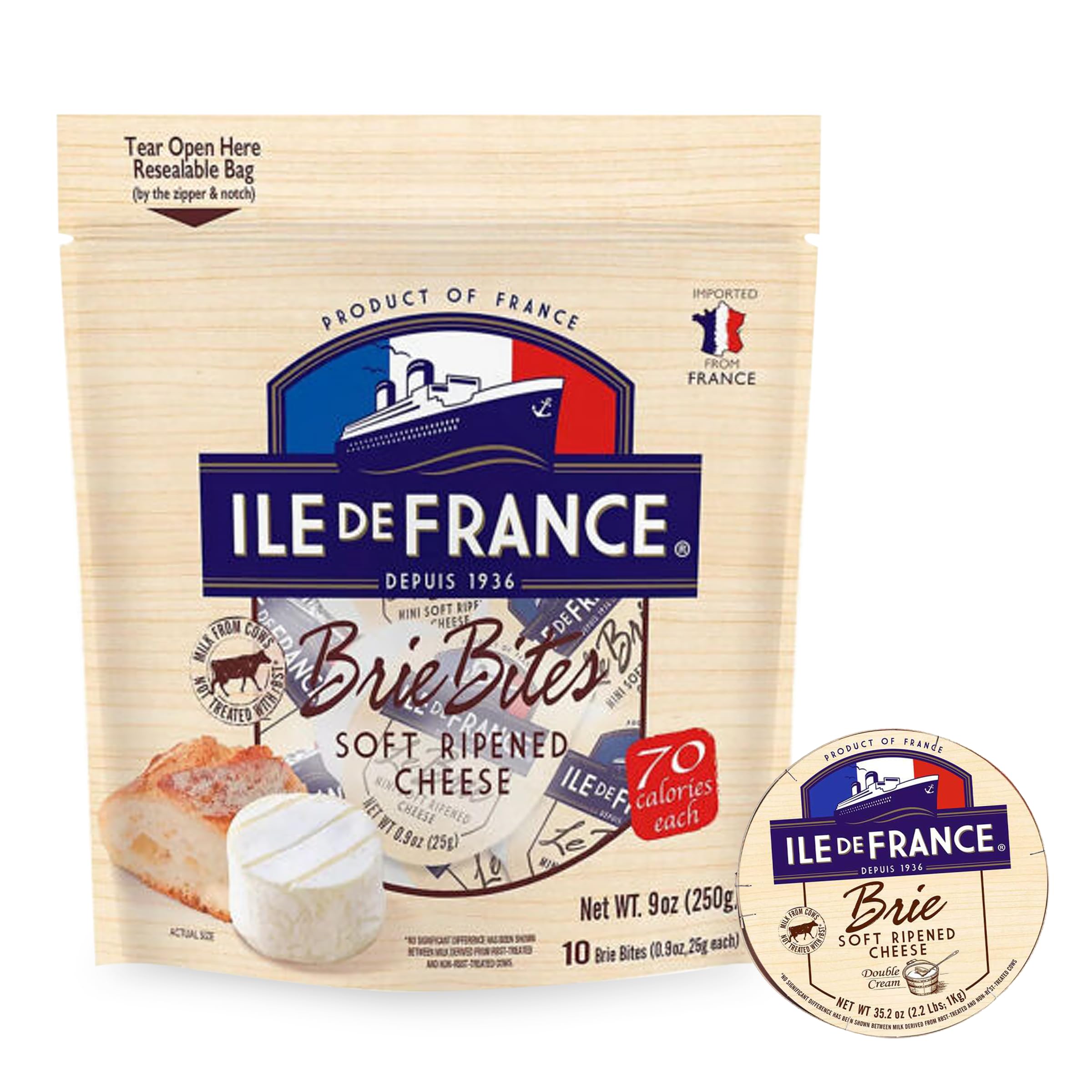 Ile de France Brie Cheese - 60 Soft Ripened French Mini Brie (0.9 oz Each) - Perfect for Picnics, Parties & Charcuterie Boards - Individually Wrapped Brie Bites from The Cheese Lover Shop