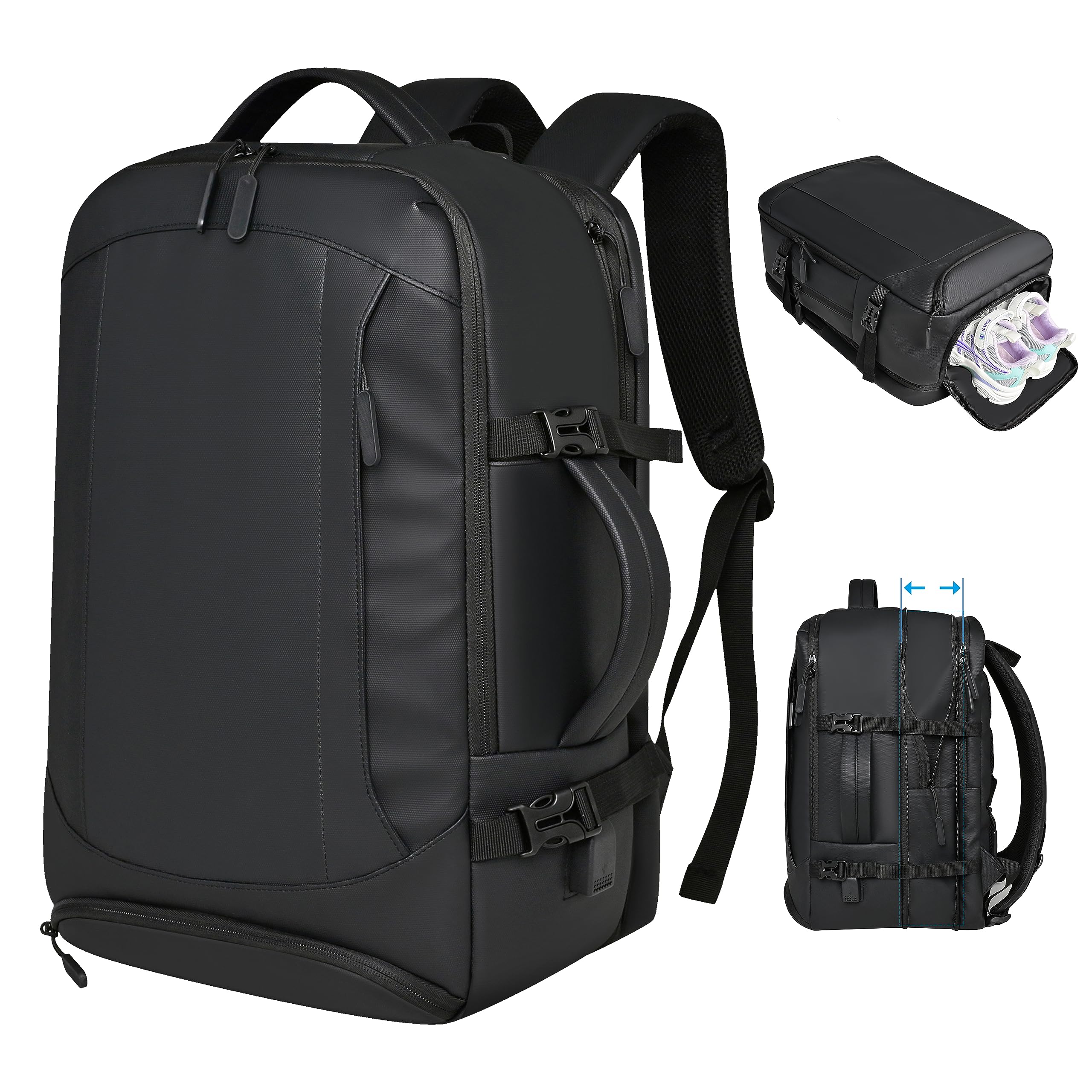 Expandable 38L Carry On Backpack for Men & Women - Waterproof Travel Backpack, Business Weekend Luggage Bag (Black) - Perfect for Air Travel, Commuting & Outdoor Adventures