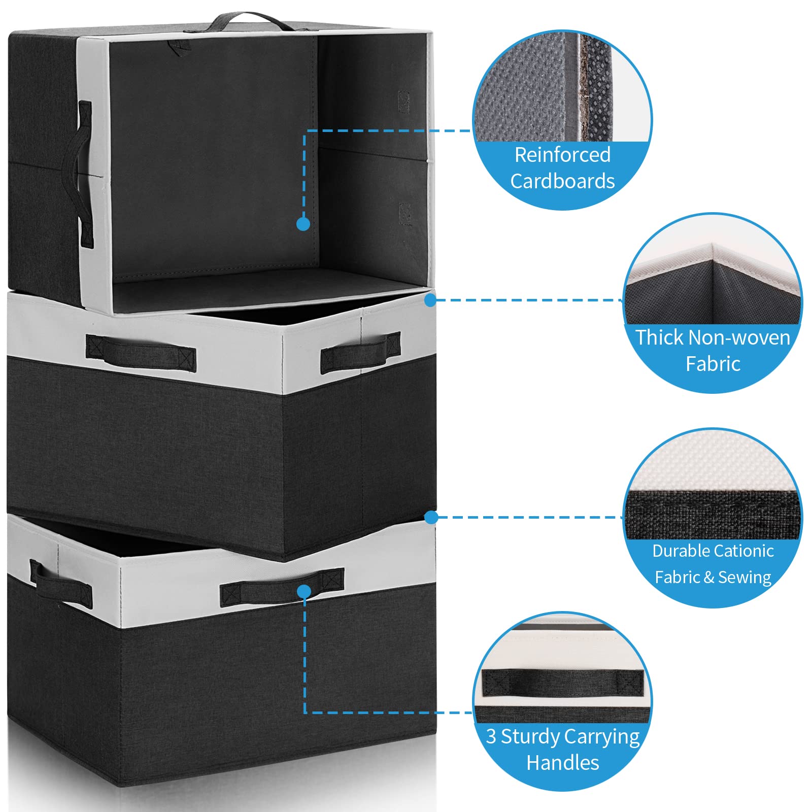 Sturdy Fabric Storage Bins with Lid (6-Pack) - Large Closet Organizer Boxes with 3 Handles & Label Window - Perfect for Home, Bedroom, Office & Kids' Toy Storage (Black, 15