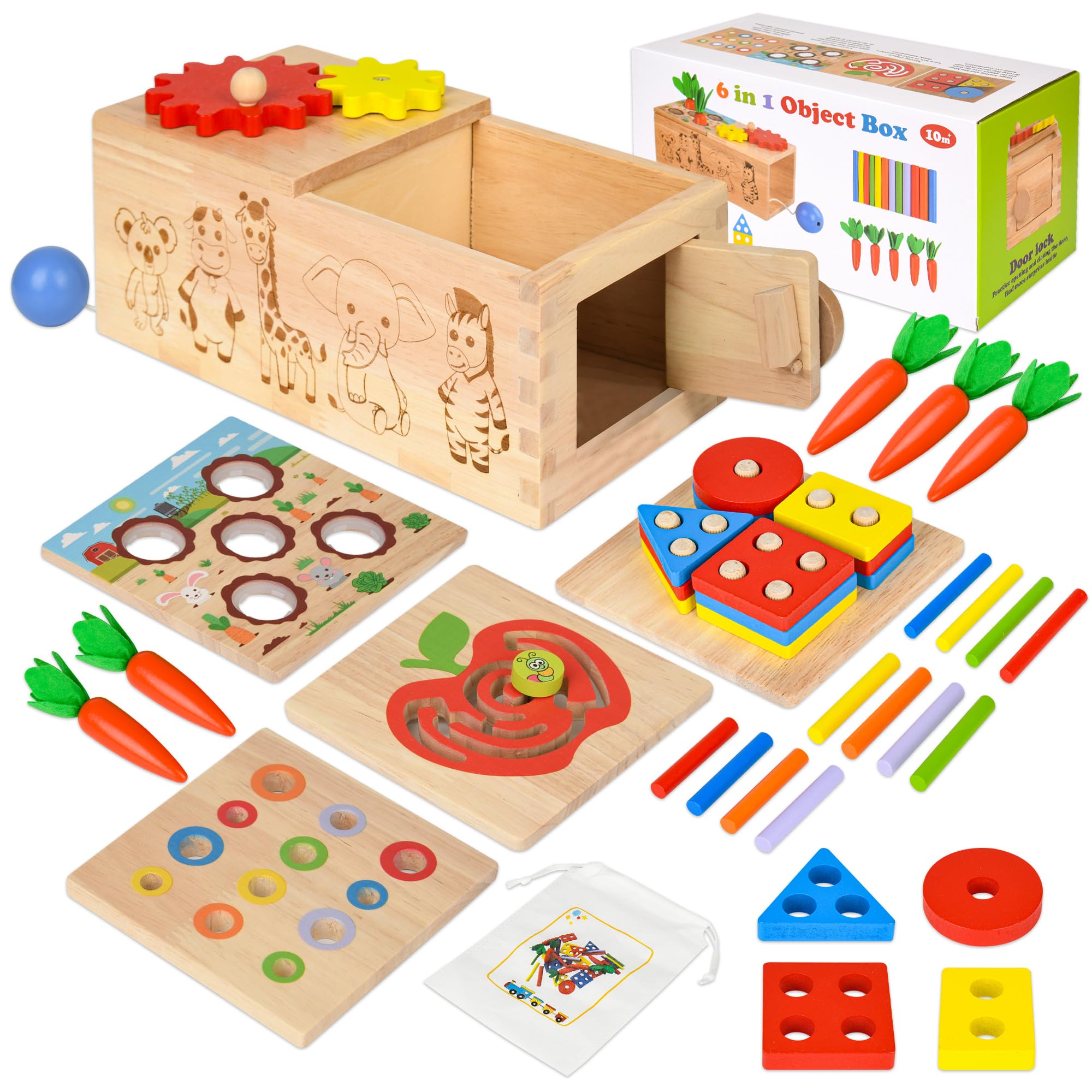 6-in-1 Montessori Wooden Educational Toys for Toddlers - Shape Sorter, Busy Board, Carrot Harvest Game & Color Matching Activity - Learning Toys Gift for 1 2 3 Year Old Boys Girls | Perfect for Early Childhood Development, Preschool Learning & Sensory Play at Home