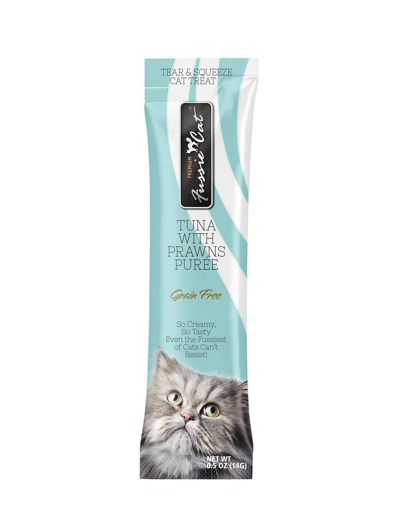 Premium Fussie Cat Puree Tuna with Prawns Cat Treat - 14g x 4 Pack - Grain-Free Wet Food for Kittens & Adult Cats - Perfect for Training, Rewards & Mealtime Toppers