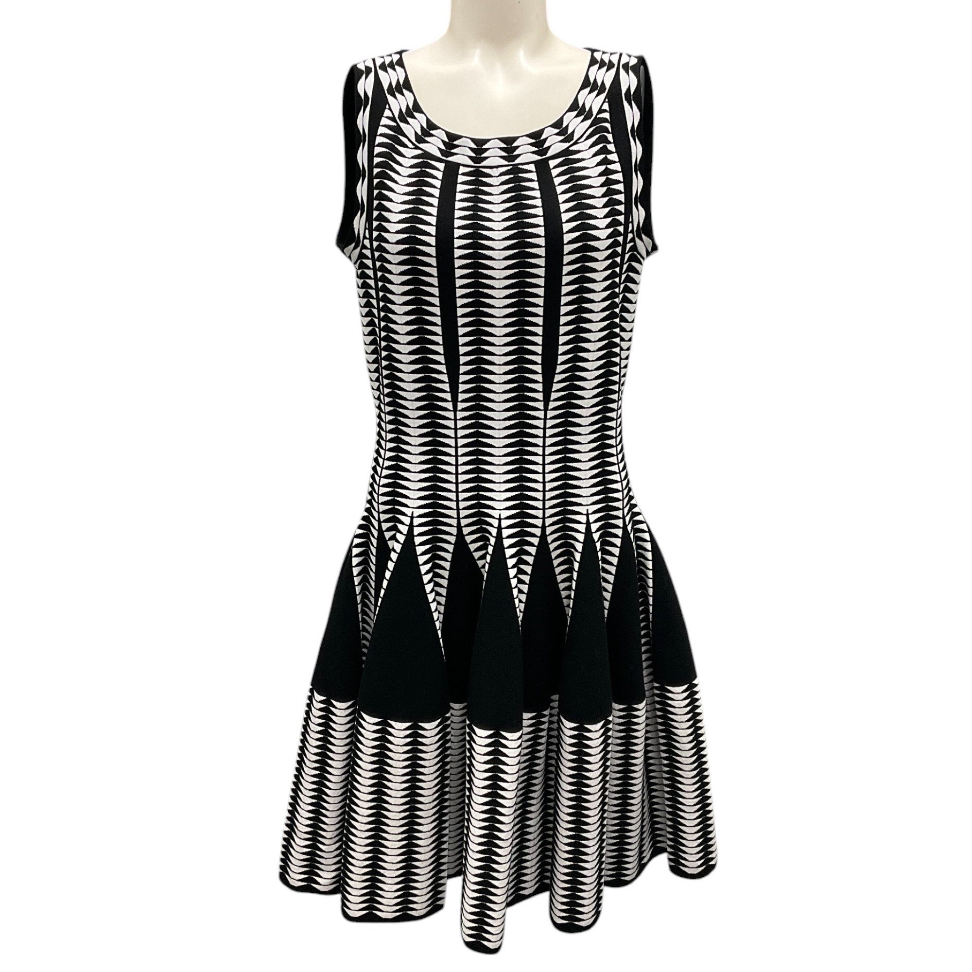 Alaia Black & White Sleeveless Flared Geometric Knit Dress for Women | Elegant Party & Cocktail Wear | Summer Evening Dress for Special Occasions