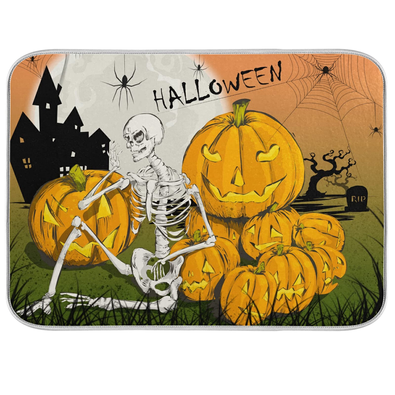 UMIRIKO Halloween Dish Drying Mat 16x18in - Pumpkin Skull Design for Kitchen Counter & Fall Decor