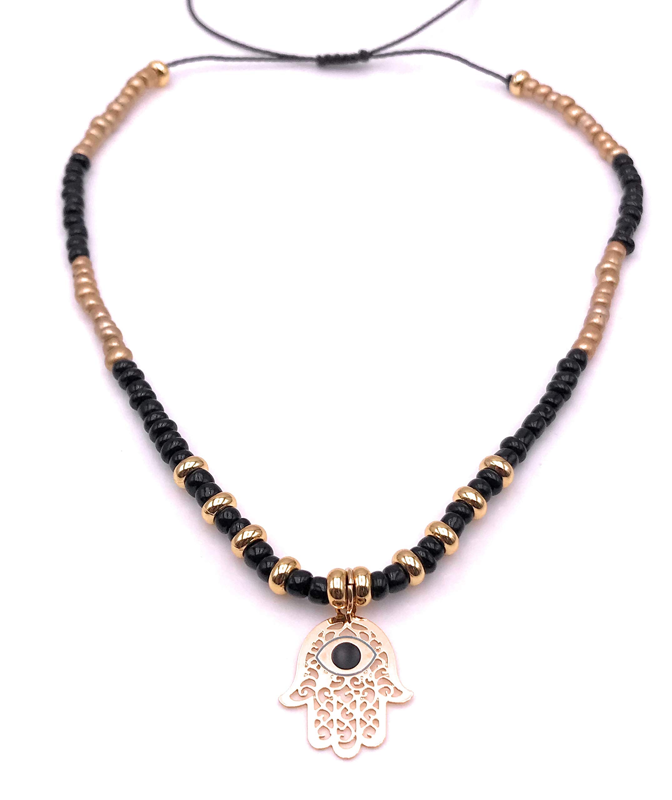 Handmade Hamsa Beaded Choker Necklace - Adjustable Tiny Bead Design for Women | Boho Jewelry Gift for Festivals, Weddings & Everyday Wear