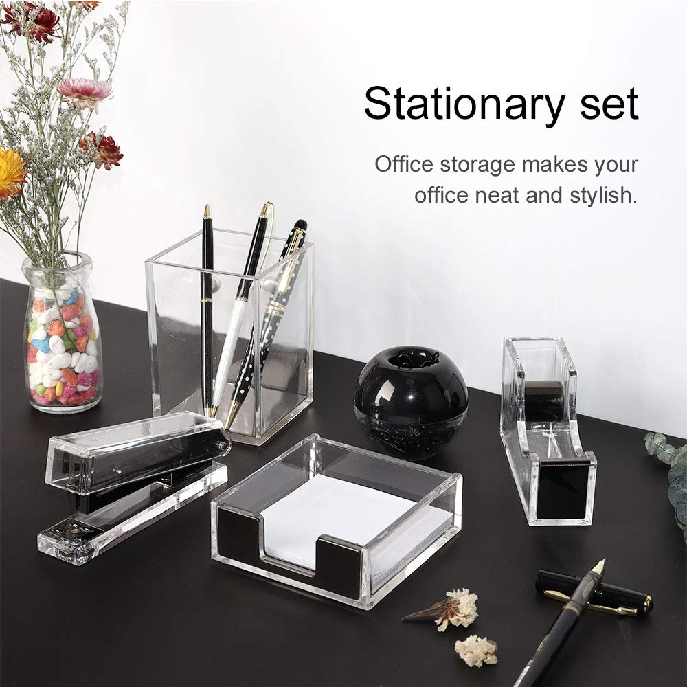 Premium Acrylic Desk Organizer Set - Tape Dispenser, Stapler, Sticky Notes Tray, Magnetic Paper Clip Holder & Pen Pencil Organizer - Modern Office Supplies for Home & Workspace (Lucid Black) - Perfect for Desk Organization, School Supplies & Office Decor