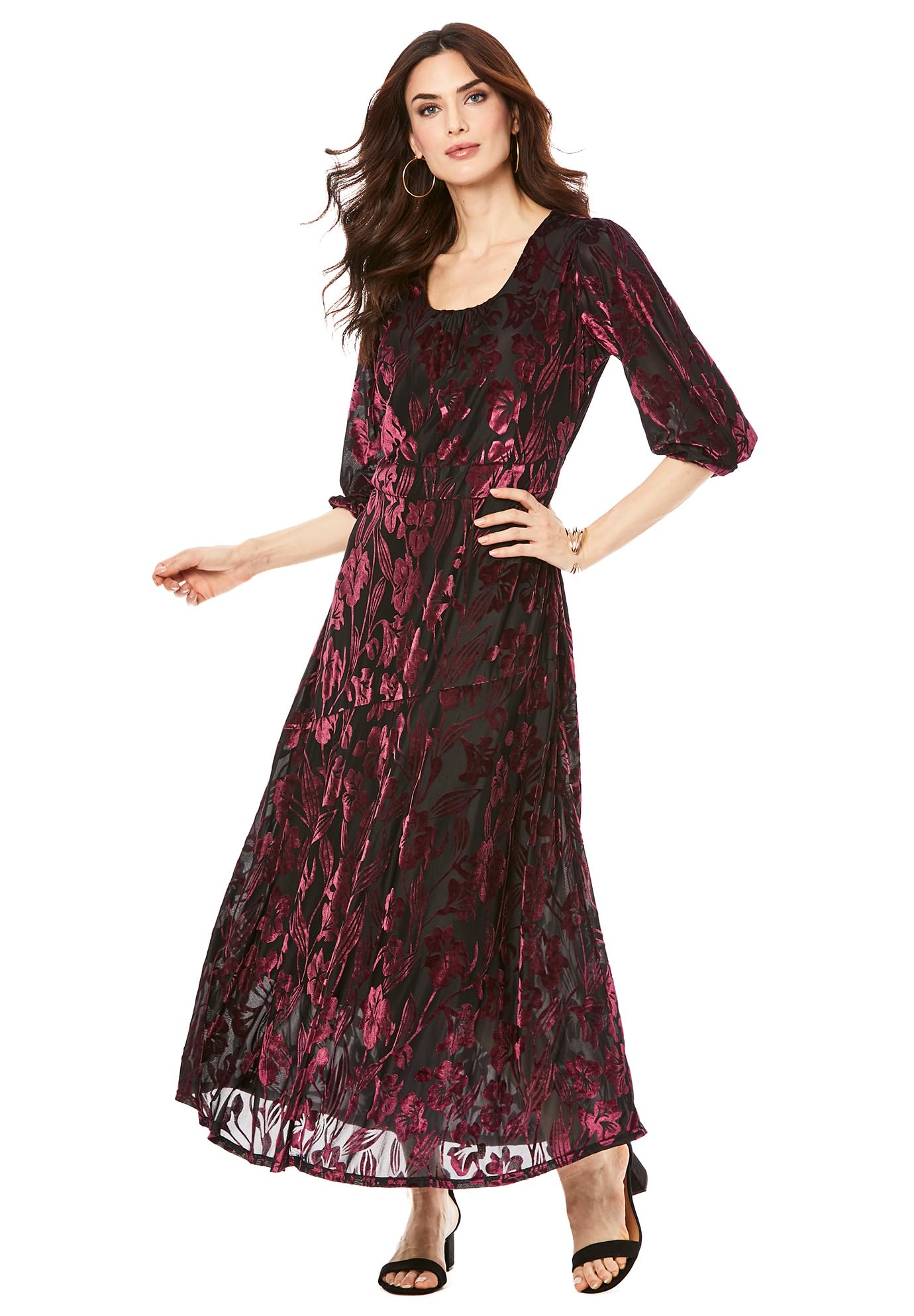 Romantic Plus Size Velvet Burnout Dress for Women - Elegant Long Sleeve Party Gown for Evening Events, Weddings & Holiday Gatherings