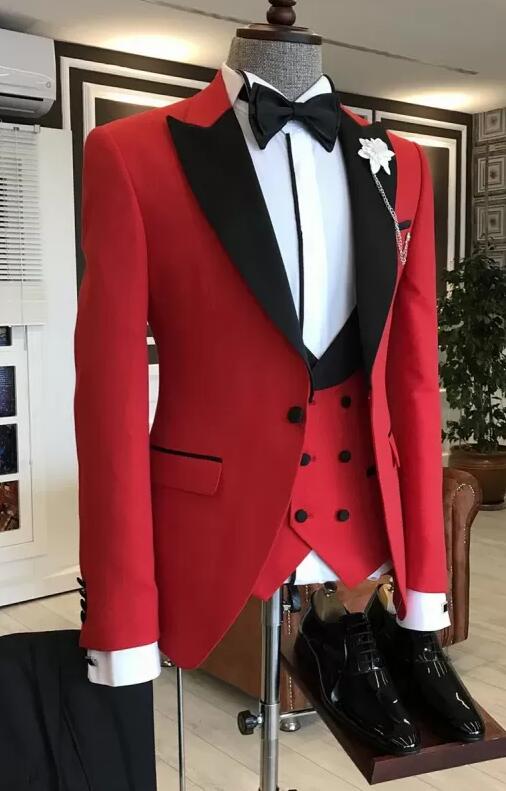 2024 Red Men's Prom Tuxedo Suits with Black Peak Lapel - 3 Piece Set (Jacket, Vest & Pants) CB3927 | Formal Wedding, Gala & Evening Events