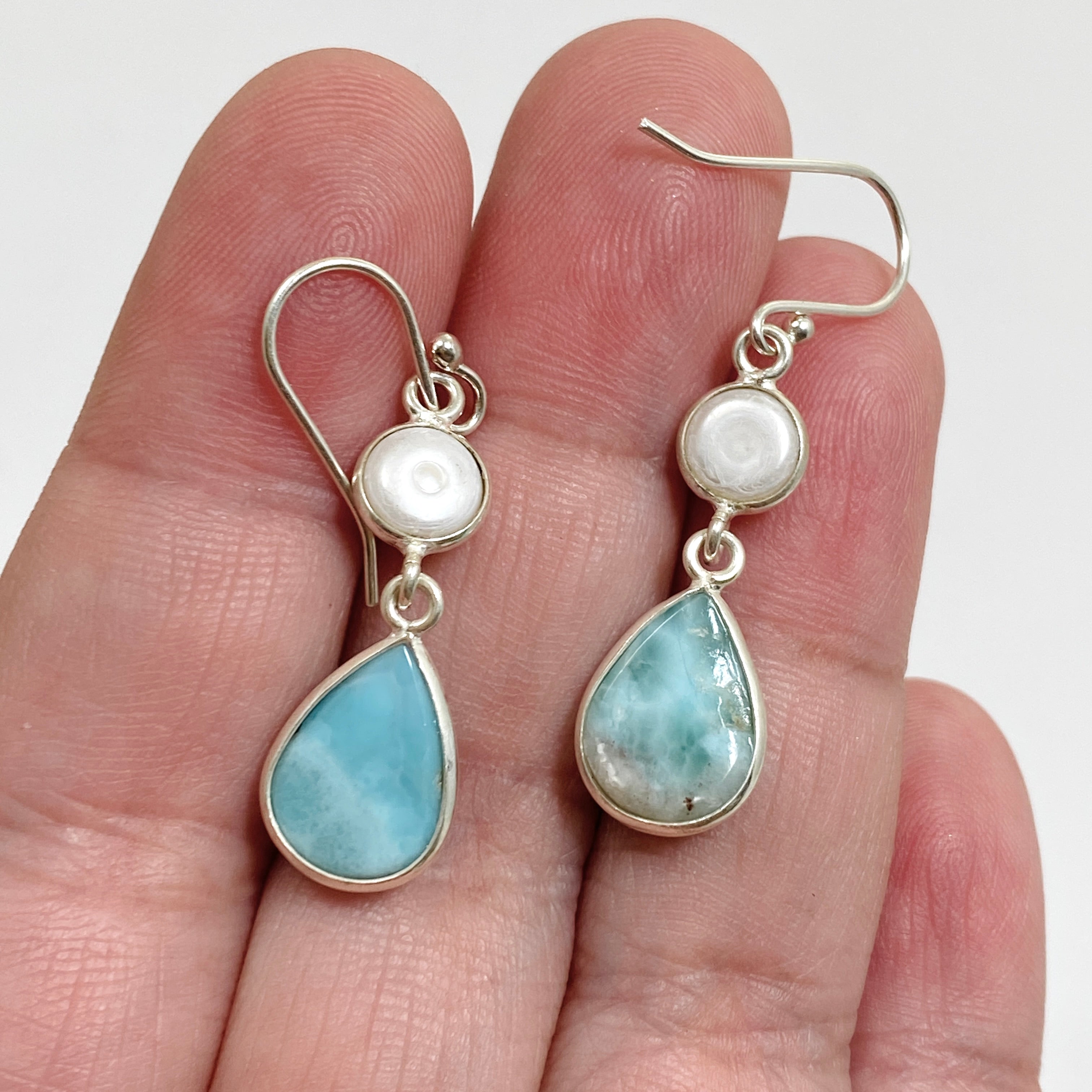 Larimar Teardrop Cabochon Earrings with Pearl Accent - Handmade Sterling Silver Jewelry ER232 LAR - Perfect for Beach Weddings & Boho Fashion