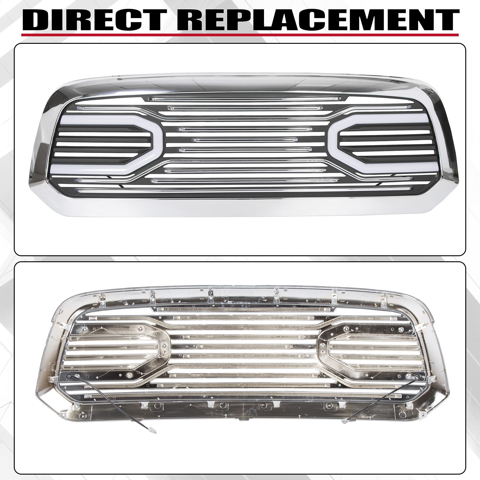 HECASA Chrome Front Big Horn Grille Replacement Shell Compatible with 2013-2018 Dodge RAM 1500 (With Light) - Upgrade Your Truck's Style for Off-Roading & Show Car Events