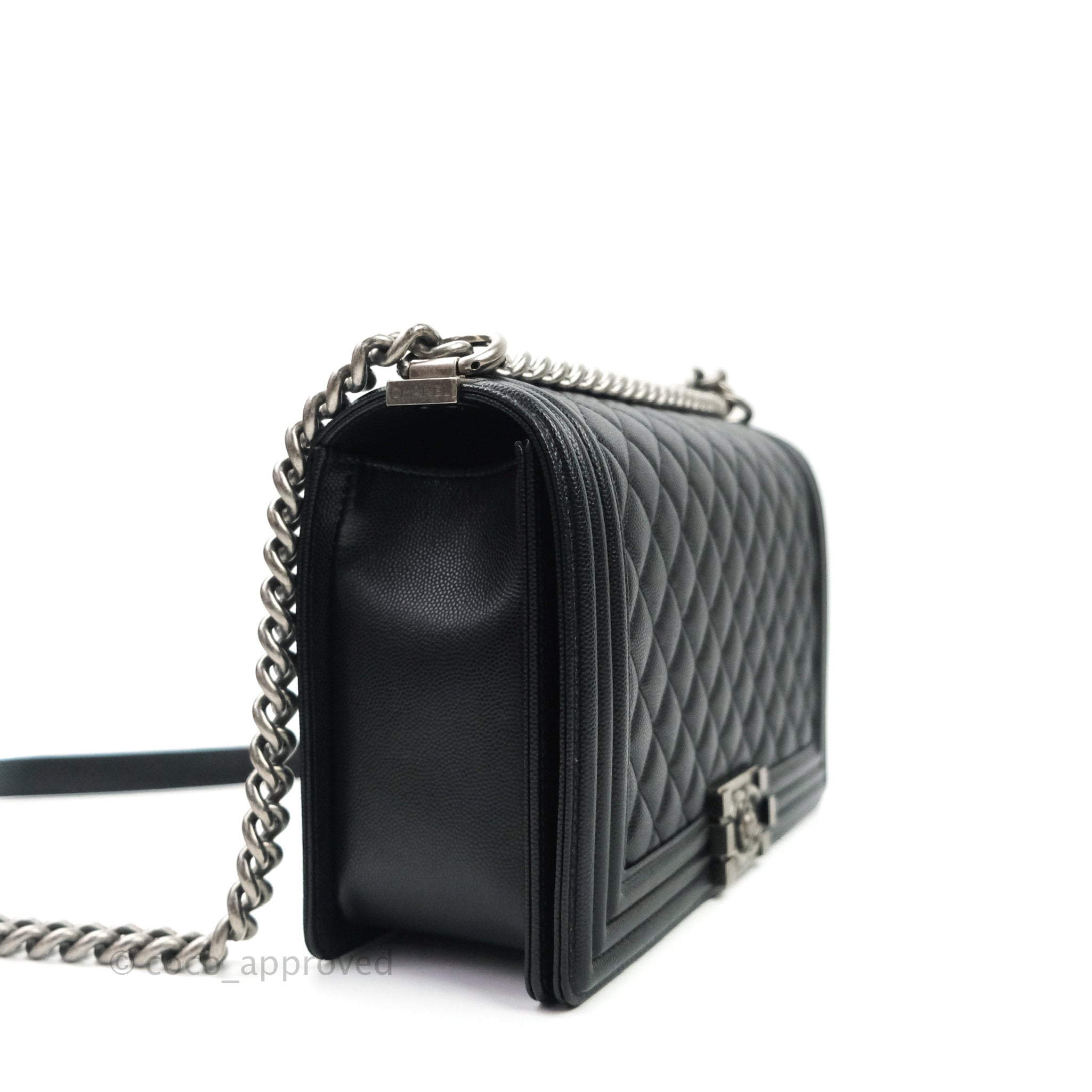 Chanel Boy New Medium Quilted Black Caviar Leather Bag with Ruthenium Hardware - Luxury Crossbody Purse for Women, Perfect for Evening Events & Daily Use