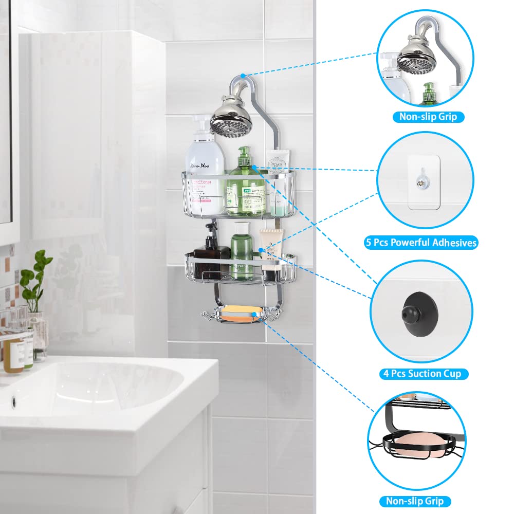 Rustproof Over the Shower Caddy Organizer with 2 Baskets & 4 Hooks - Perfect for Shampoo, Conditioner & Soap Storage - Bathroom Hanging Shower Shelf (Silver) - Ideal for Small Spaces, Dorm Rooms & Apartment Showers