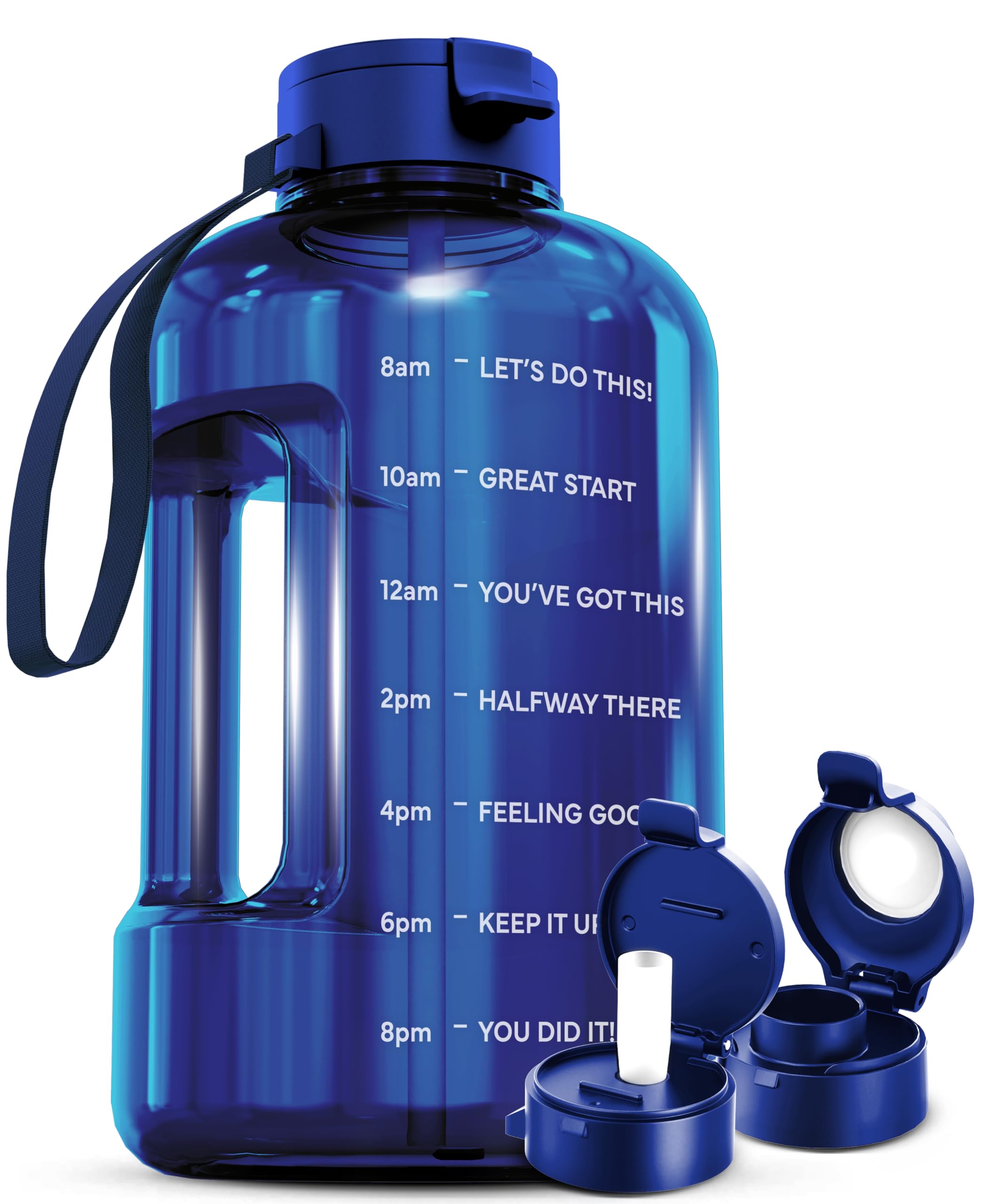 AQUAFIT 1 Gallon Water Bottle with Time Marker - BPA Free Large Water Bottle with Straw & Chug Lid - Motivational 128 oz Water Jug for Gym, Hiking & Workout - Leak Proof Handle Design (Blue)