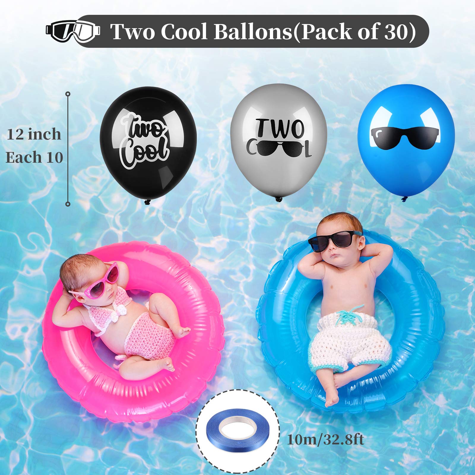 30-Pack Two Cool Party Supplies - Latex Balloons, Sunglasses Balloons in Black, Silver & Blue with 10m Dark Blue Ribbon - Perfect for 2nd Birthday Boy Party Decorations & Themed Celebrations