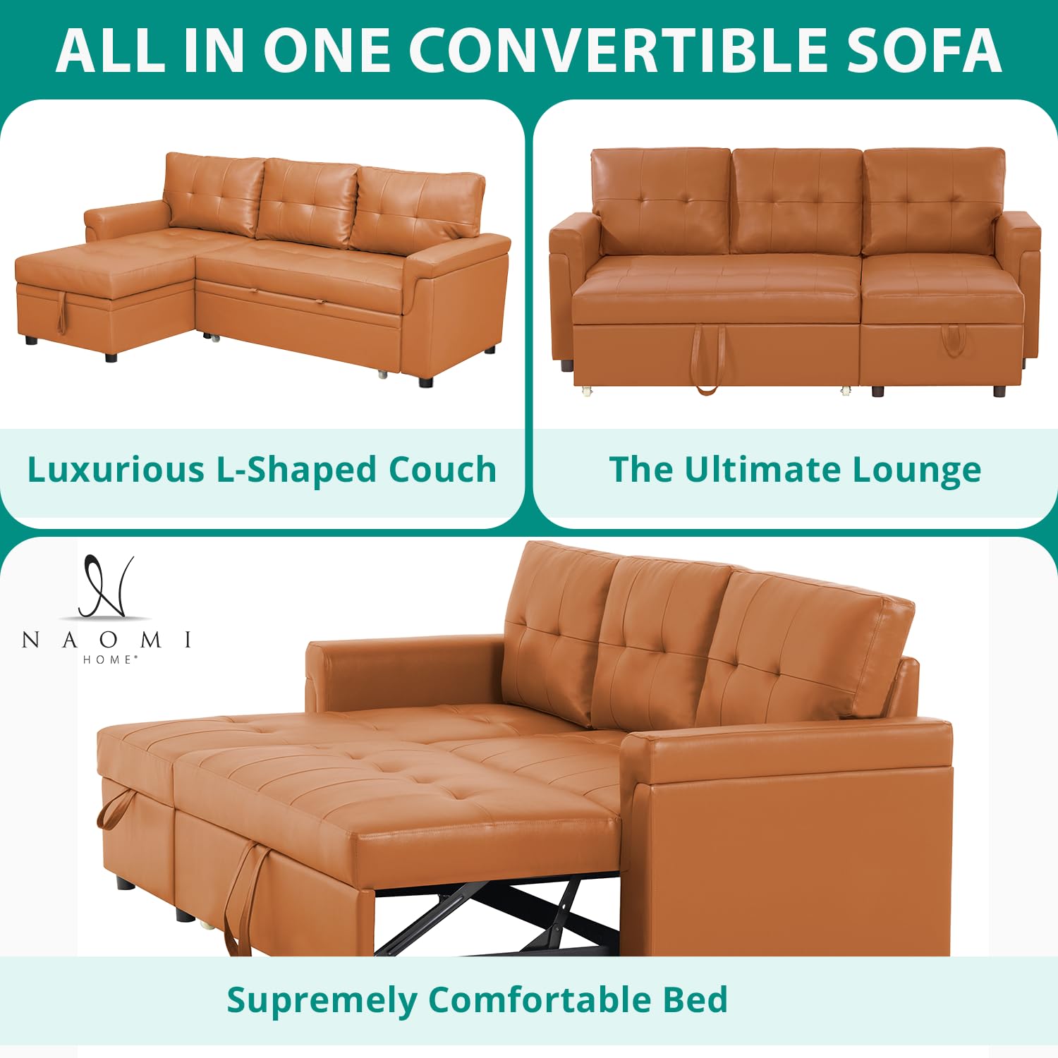 Naomi Home Convertible Sleeper Sectional Sofa with Chaise - Air Leather Caramel | Space-Saving Sofa Bed for Small Apartments & Guest Rooms | Durable, Stress-Relieving Design for Ultimate Comfort