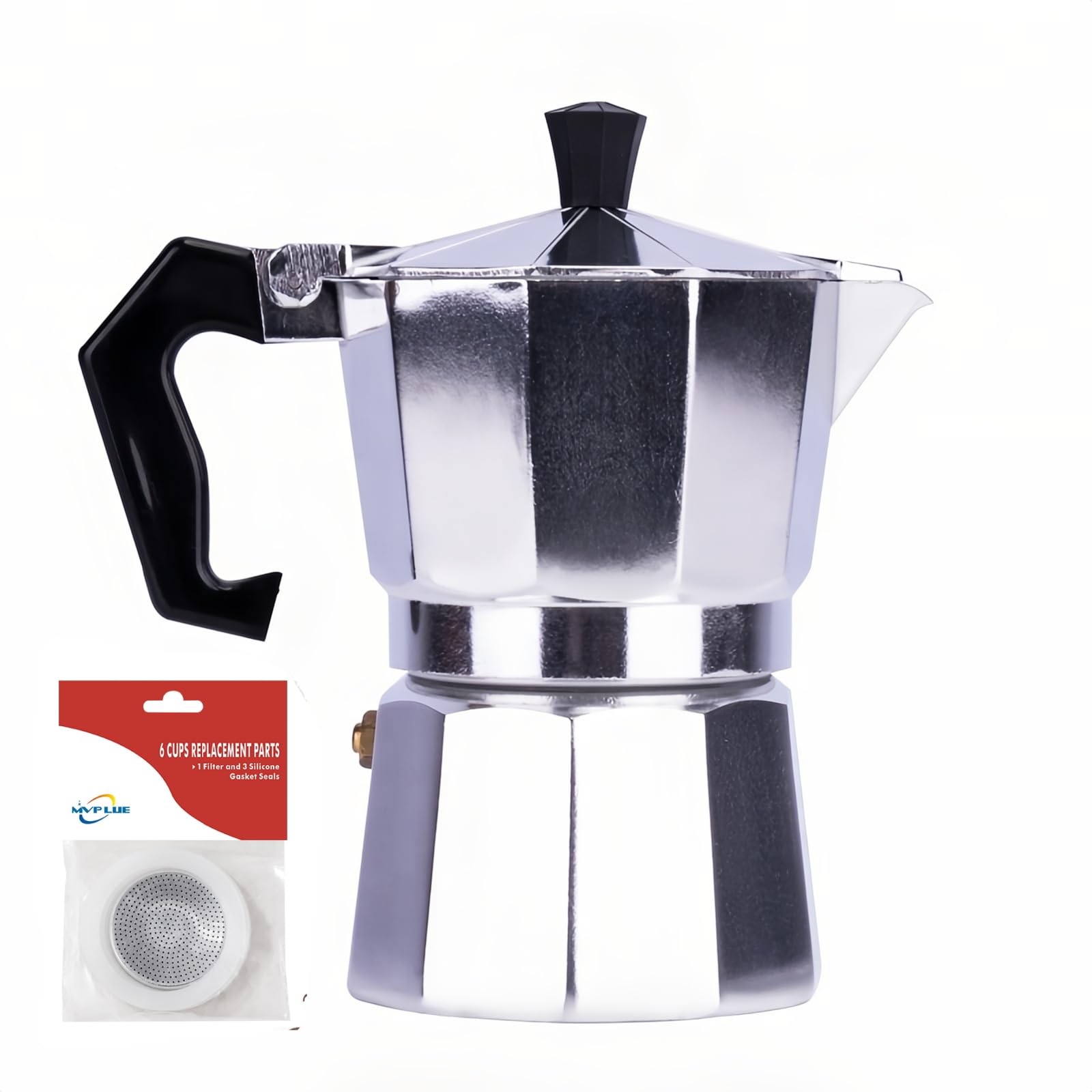 6 Cup Classic Moka Pot (9 oz) - Stovetop Espresso Maker in Aluminum Silver | Cuban Coffee Maker with Replacement Parts | Perfect for Home Brewing, Camping & Outdoor Adventures | Make Rich Espresso Coffee Easily