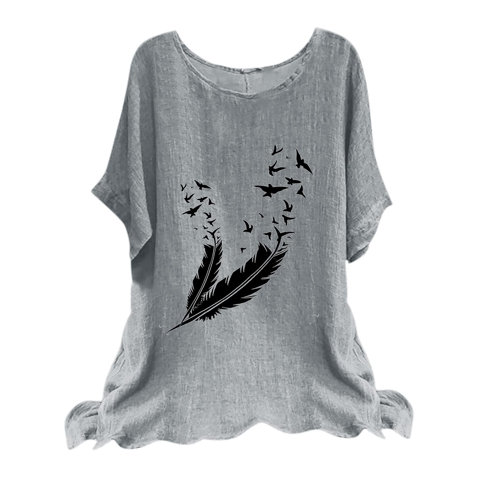 Women's Oversized Cotton Linen Shirt - 2022 Summer Loose Fit Printed Round Neck Short Sleeve T-Shirt - Casual Boho Top for Beach, Vacation & Everyday Wear