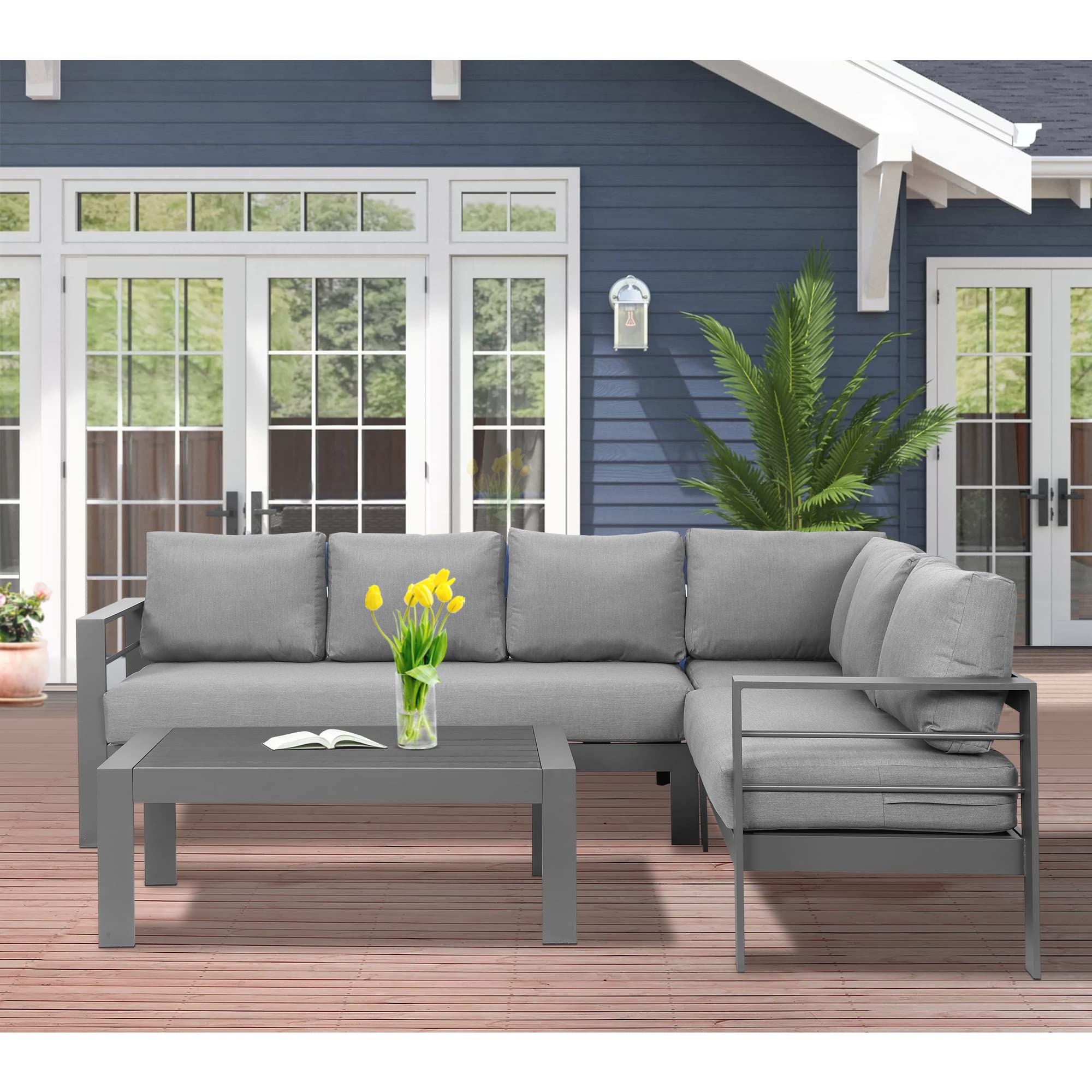 Wisteria Lane Outdoor Patio Furniture Set - 6-Piece Aluminum Sectional Sofa with Coffee Table, All-Weather Metal Conversation Set & Dark Grey Cushions - Perfect for Backyard, Garden, Poolside & Deck Relaxation
