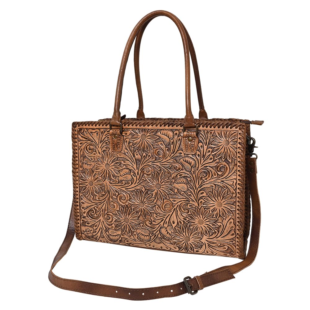 American Darling Hand-Tooled Genuine Leather Western Women's Briefcase Handbag Purse - Black | Stylish Cowgirl Bag for Work, Travel & Western Fashion