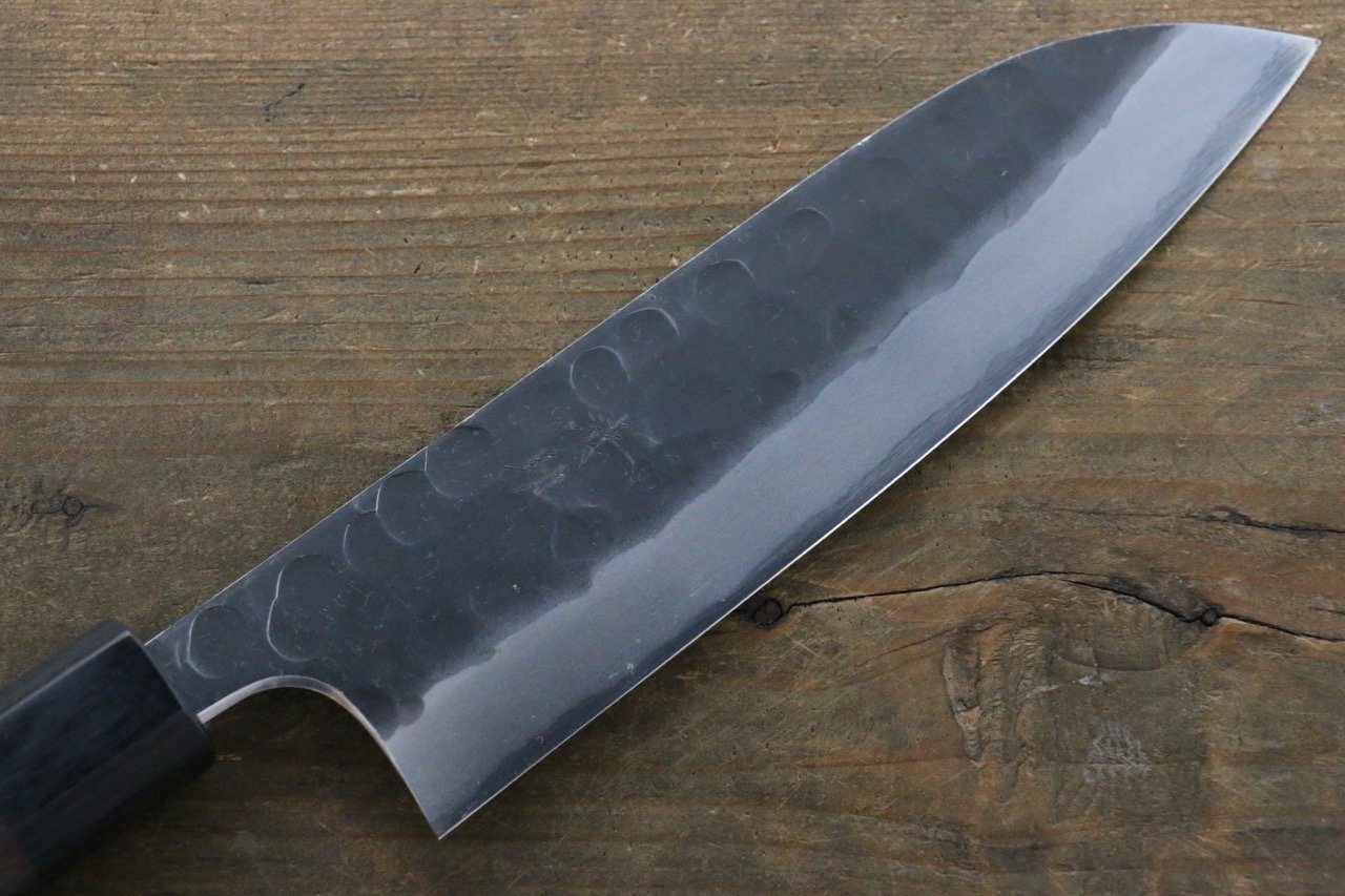 Premium Seisuke Blue Steel No.2 Hammered Kurouchi Santoku Knife 165mm with Shitan Handle - Japanese Kitchen Knife for Professional Chefs & Home Cooking, Perfect for Slicing, Dicing & Chopping Vegetables, Meat & Fish