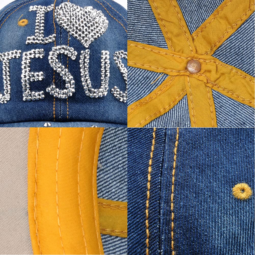 Sparkling Rhinestone Hats for Women - I Love Jesus Embroidered Baseball Cap, Adjustable Denim Golf Hat with Distressed Jeans Wash Design | Perfect for Church, Bible Study & Casual Outings