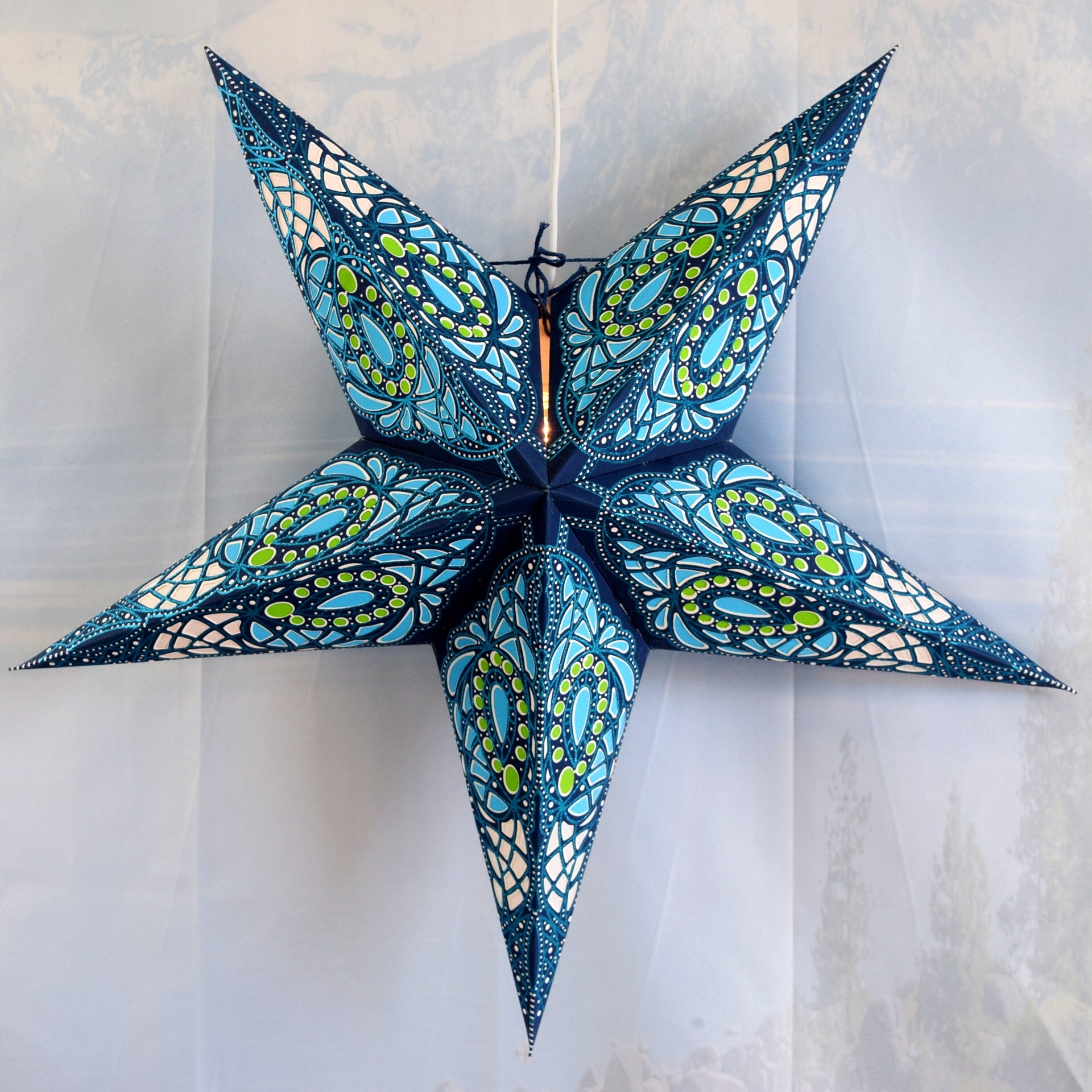 24 Inch Blue Galactic Glitter Paper Star Lantern Kit with Pendant Light - DIY Home Decor for Bedroom, Party & Wedding Decoration