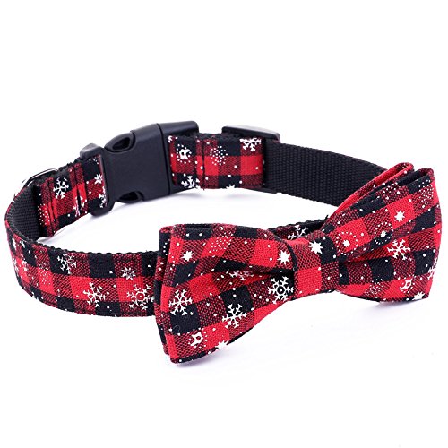 Christmas Dog Collar with Bow Tie - Plaid Pet Collar for Small/Medium/Large Dogs - Holiday Pet Accessory