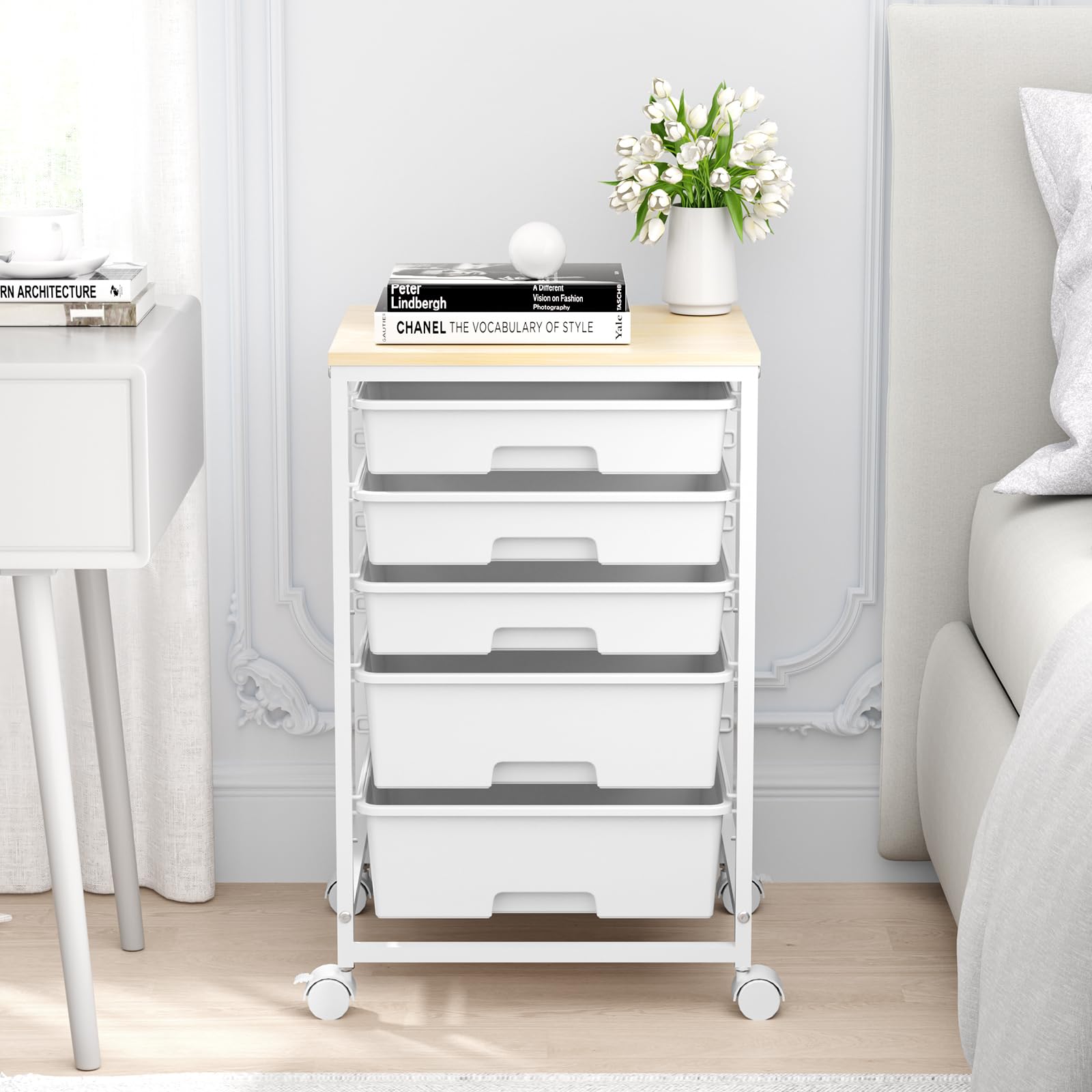 5-Tier Rolling Utility Cart with 5 Drawers & Lockable Wheels - Wooden Tabletop Storage Trolley for Crafts, Office, or Kitchen Organization - Bright White Mobile Workstation for Home, Workshop & DIY Projects
