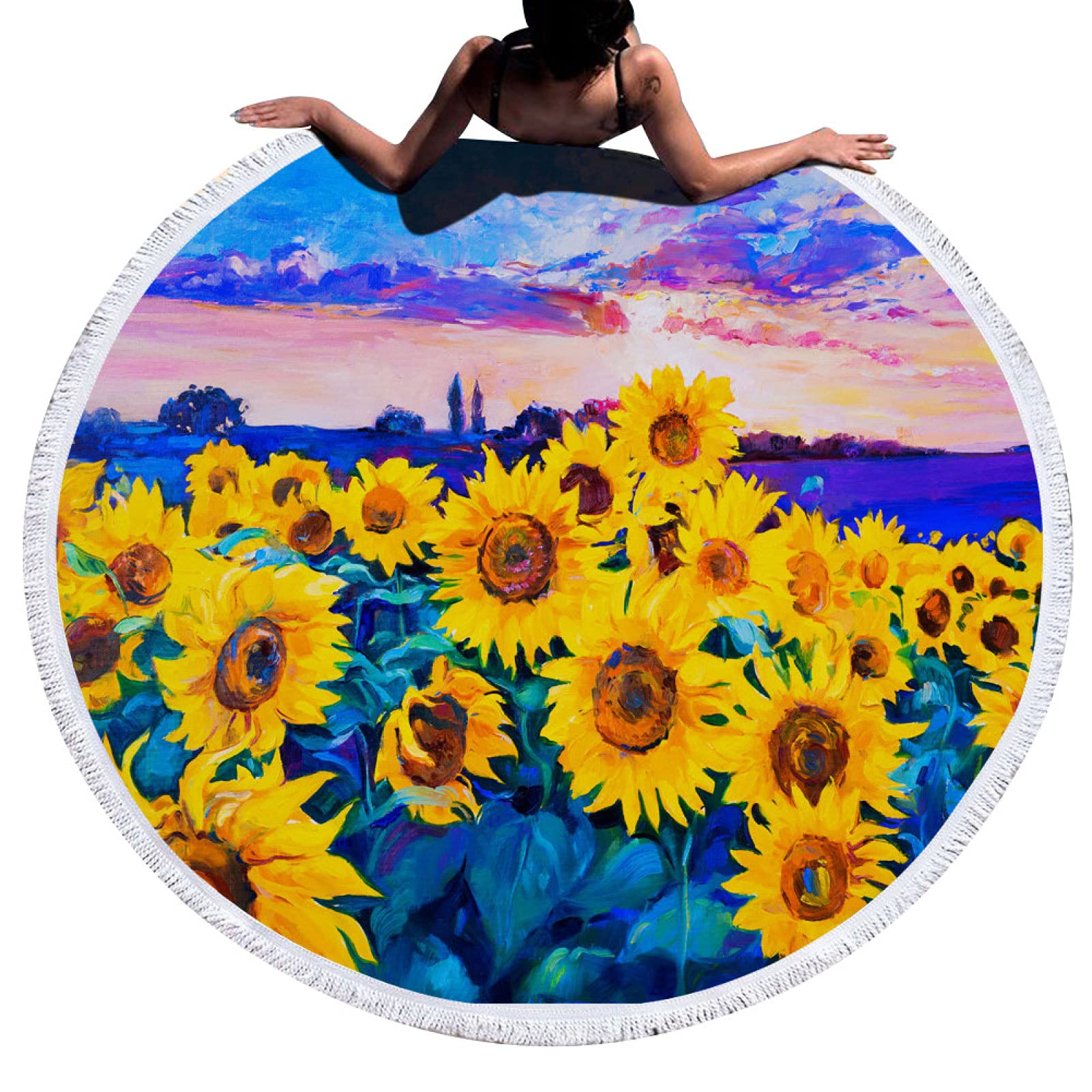 Sunflower Print Microfiber Beach Towel - Quick Dry Sand-Free Bath Towel with Tassels for Pool, Yoga, Outdoor & Summer Activities | Lightweight Travel Towel for Beach, Picnic and Gym