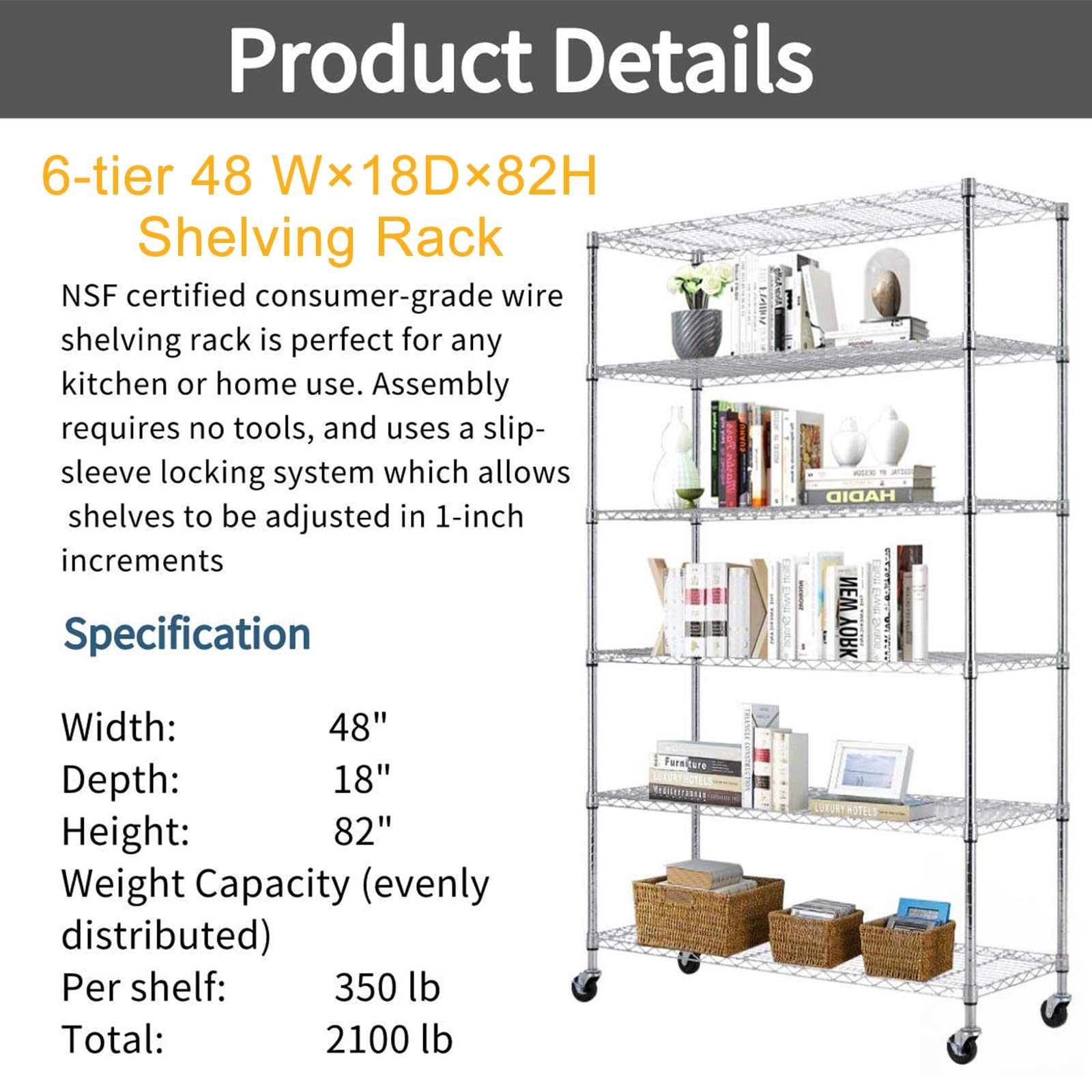 Heavy Duty Storage Shelving Unit with Wheels - Commercial Steel Wire Shelving Rack Organizer - Adjustable Utility Shelves for Garage, Kitchen, Warehouse & Office Storage - Ideal for Home Organization & Business Use