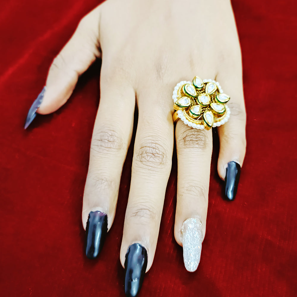 Exquisite Gold Plated White Kundan Beaded Ring - Elegant Indian Jewelry for Women | Perfect for Weddings, Parties & Special Occasions