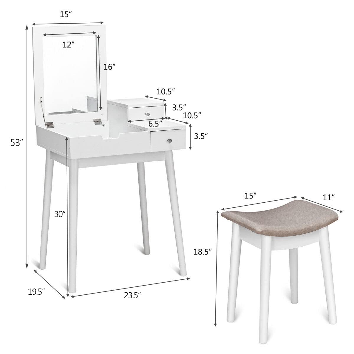 White Wood Vanity Dressing Table Set with Mirror & Bench - Perfect for Bedroom Makeup