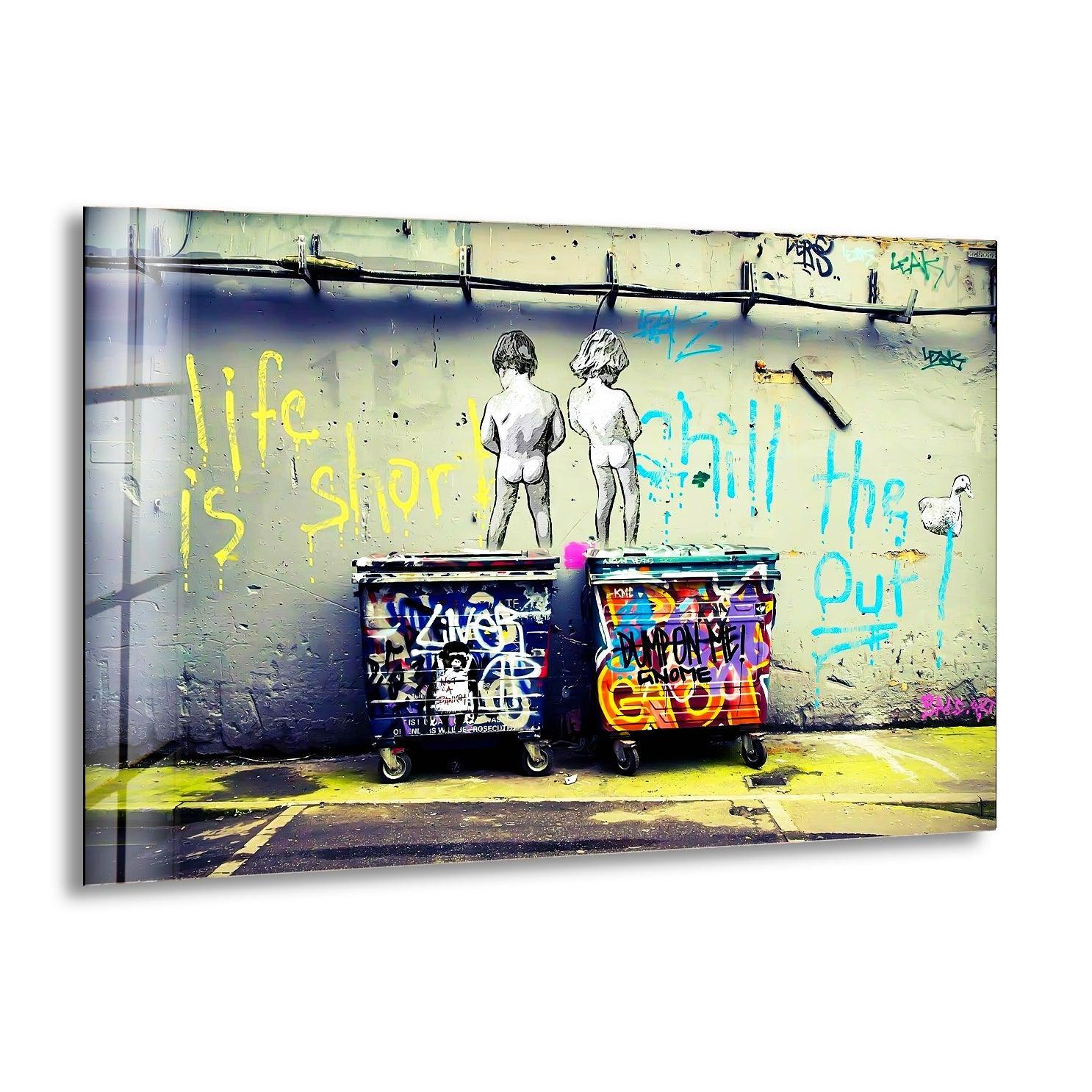 Banksy Life is Short Glass Wall Art - Modern Home Decor for Living Room, Bedroom & Office - Unique Street Art Inspired Glass Print