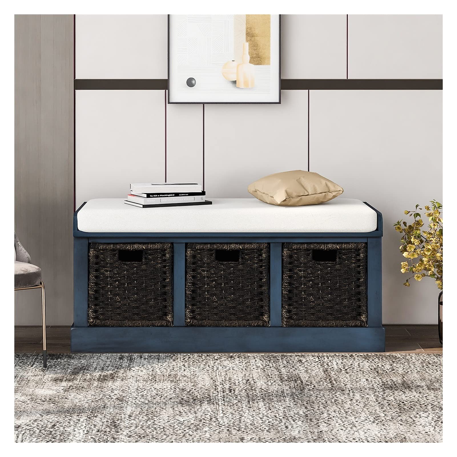 Rustic Storage Bench with 3 Removable Rattan Baskets - Fully Assembled Entryway Shoe Bench with Cushion (Antique Navy) - Perfect for Hallway, Bedroom & Mudroom Organization