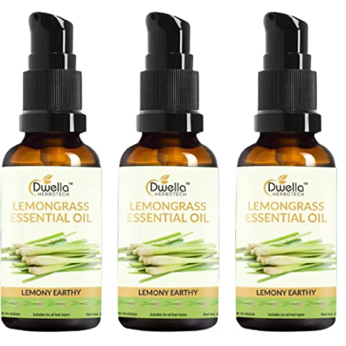 Dwella Herbotech Pure Natural Lemongrass Essential Oil - 3 Pack (90ml Total) for Aromatherapy, Massage & DIY Skincare