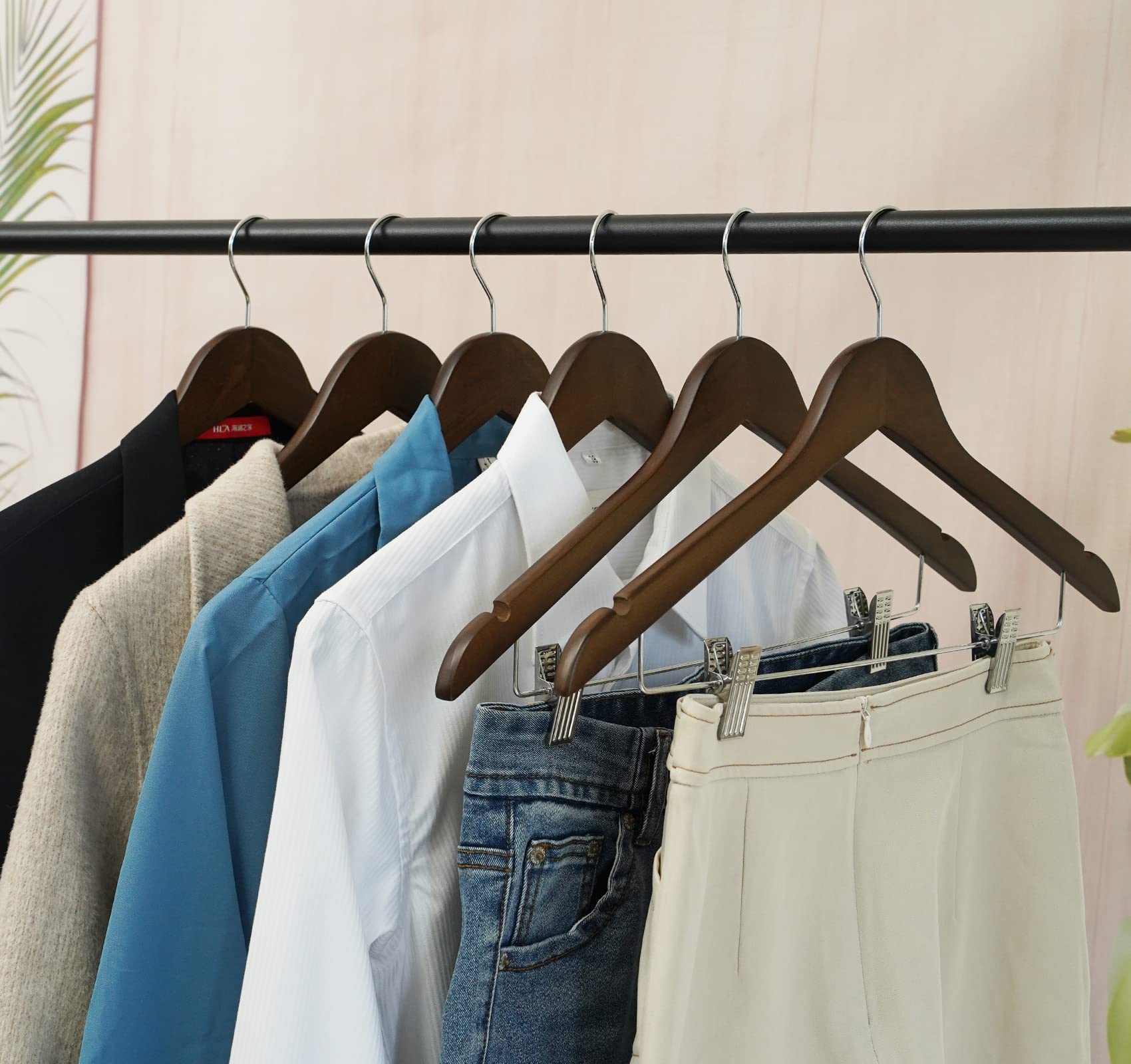 Premium 16-Pack Wooden Clothes Hangers with Metal Clips - Walnut Wood Skirt & Pants Hangers for Suits, Dresses, Jackets & Heavy Coats - Ideal for Closet Organization & Formal Wear Storage