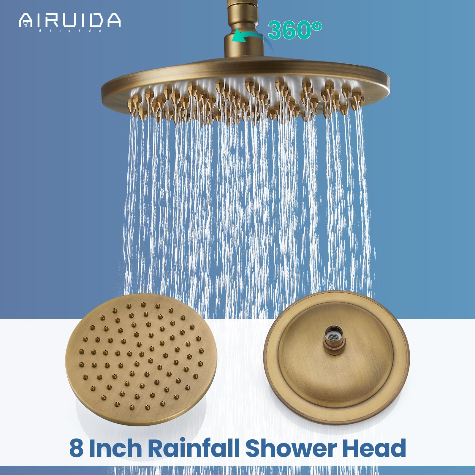 Antique Brass Exposed Pipe Shower System - 8 Inch Rainfall Shower Head with Single Handle Faucet | Adjustable Modern Dual Function Combo Set for Bathroom Remodeling & Spa-Like Shower Experience