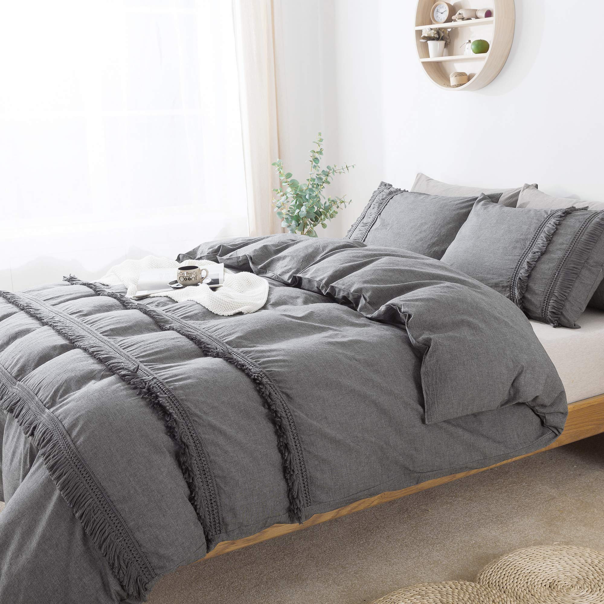 Bohemian Grey Tassel Duvet Cover Set Full Size 3Pcs - 100% Washed Cotton Vintage Bedding Collection with Hidden Zipper | Perfect for Master Bedroom, Guest Room & Boho Chic Home Decor