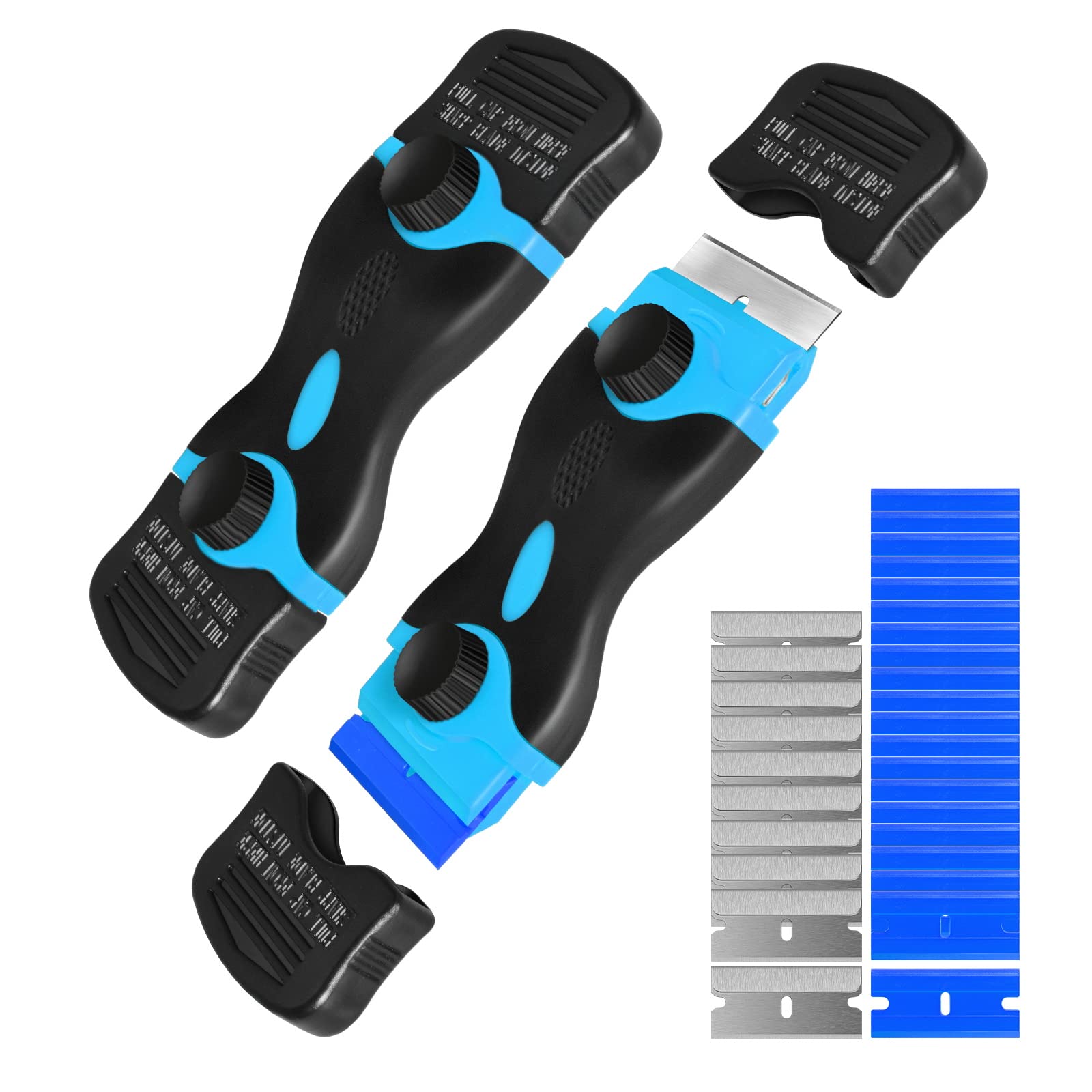 Double Edge Razor Scraper Tool with 30 Blades - Professional Label, Sticker & Decal Remover for Auto Window Tint & Vinyl Application - Blue | Perfect for Car Detailing, Home Improvement & Craft Projects