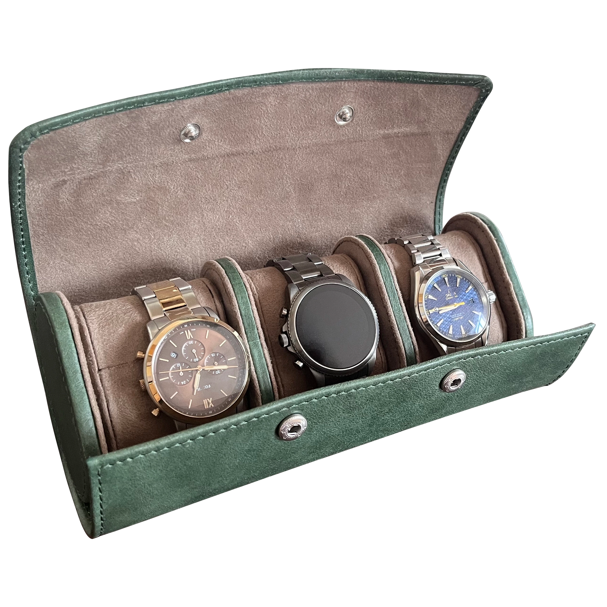 Classic Green Leather Travel Watch Case with 3 Slots - Perfect for Business Trips, Vacations & Watch Collection Storage