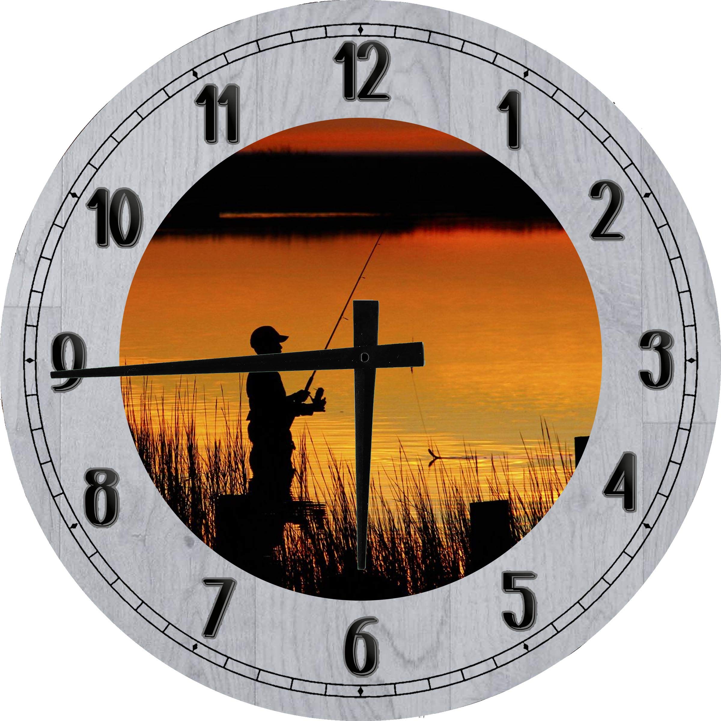 Sunrise at The Lake Fishing Wall Art - 18 Inch Large Round Wood Wall Clock for Cabin Decor in Gray - Perfect for Living Room, Bedroom, or Office