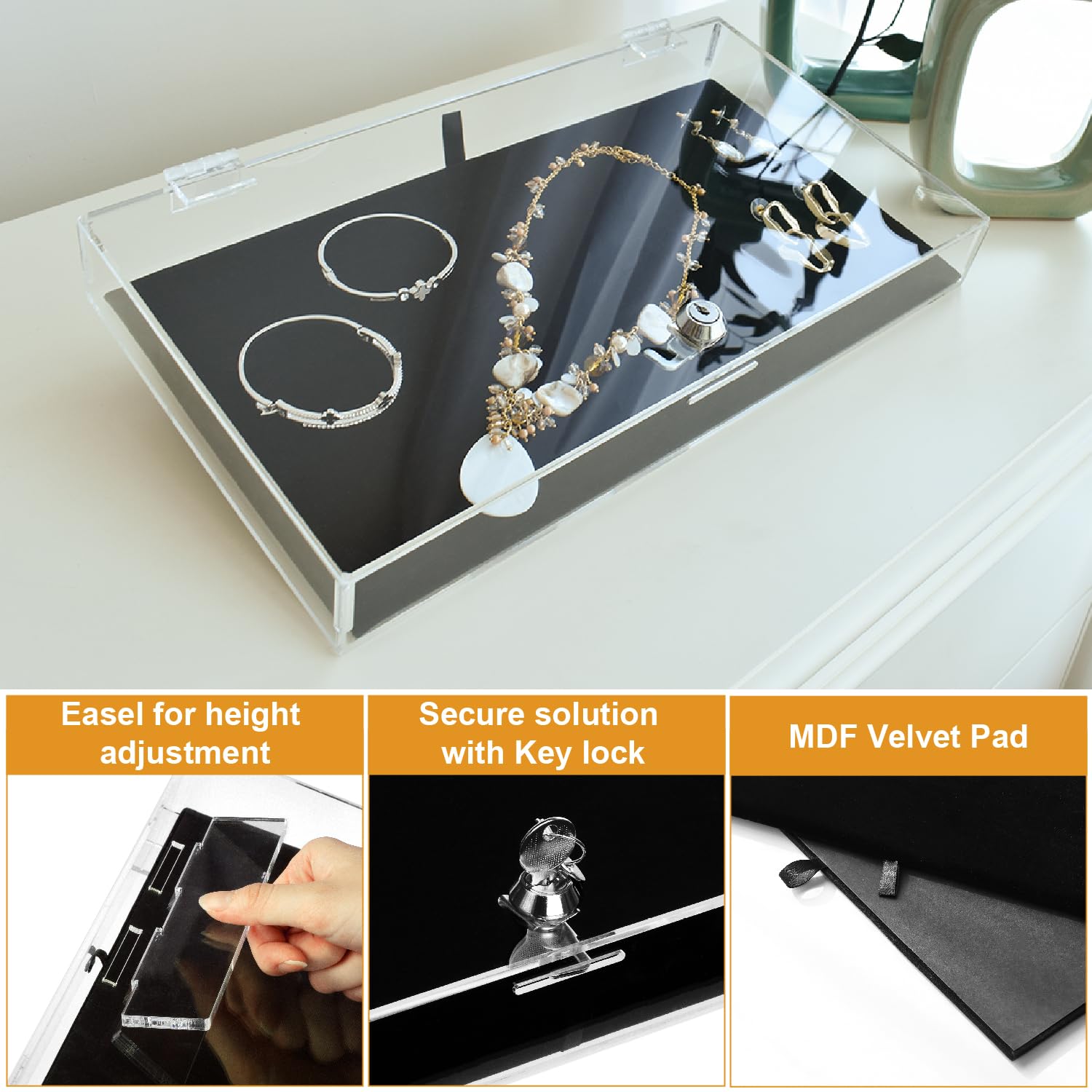 MOOCA Acrylic Rectangular Locking Security Display Case with Key & Black Padding - Perfect for Watches, Jewelry, Knives, Eyewear - Store, Showcase & Protect Your Valuables at Home or Retail Stores