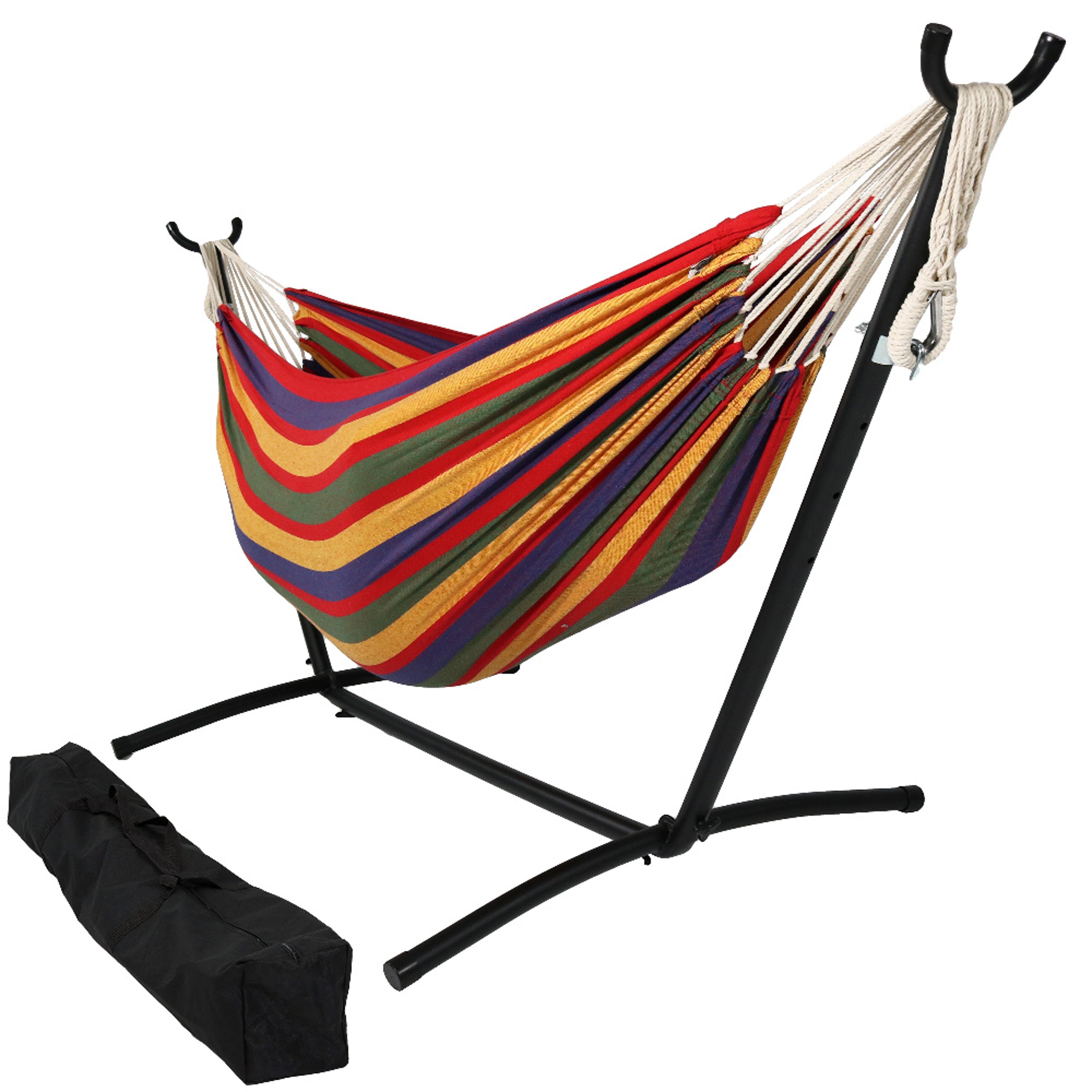 Premium Brazilian Double Hammock with Stand & Carry Bag - Heavy Duty Cotton Rope Hammock for Outdoor, Backyard, Patio & Beach Relaxation