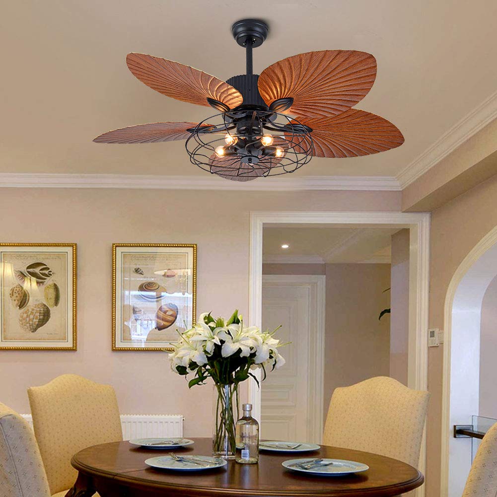 Premium 52-Inch Tropical Ceiling Fan with Lights - 3 Speed Remote Control, 5 Palm Leaf Blades & 5 Light Fixtures - Perfect for Home, Bedroom, Living Room, Restaurant and Outdoor Patio Decoration