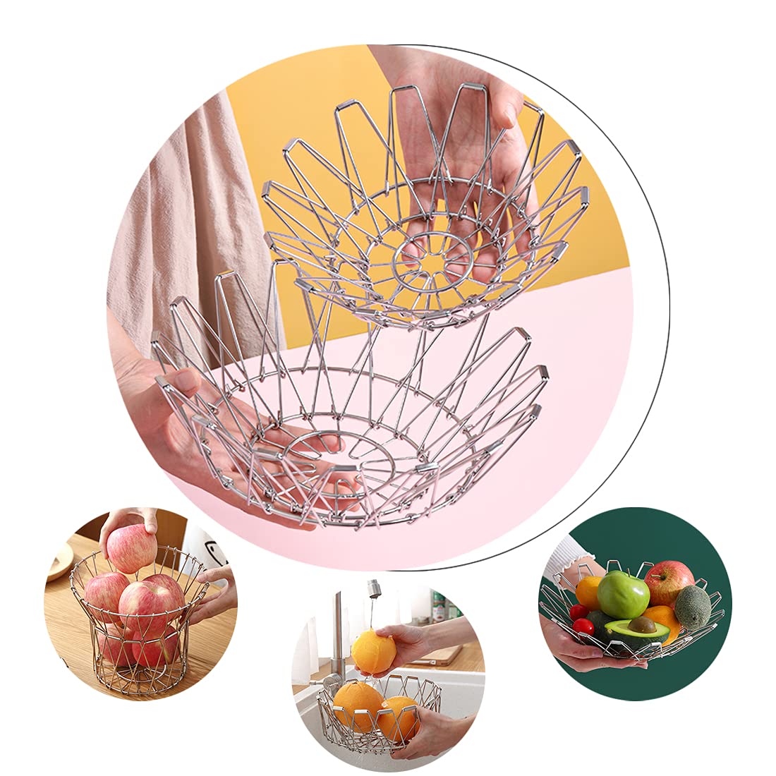 Foldable Stainless Steel Wire Fruit Basket - Multipurpose Kitchen Storage Organizer for Fruits, Vegetables, Bread | Durable & Space-Saving | Perfect for Countertop, Pantry, and Dining Table Organization