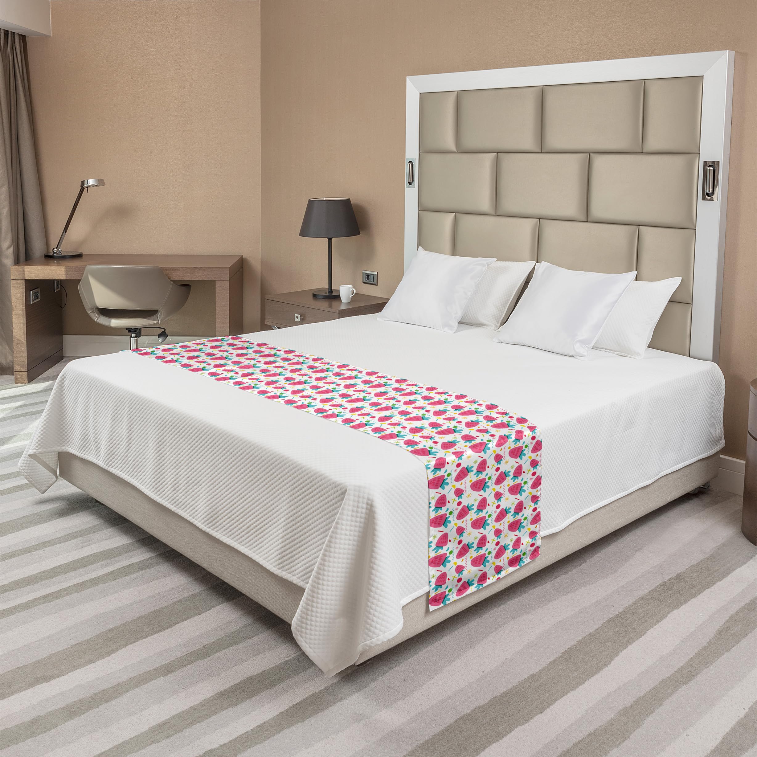 Ambesonne Strawberry Bed Runner - Doodle Zigzags Circles & Fruits Pattern - Decorative Accent Bedding Scarf for King Size Beds - Pink Seafoam White - Perfect for Hotels, Homes & Guestrooms - Adds Stylish Touch to Bedroom Decor