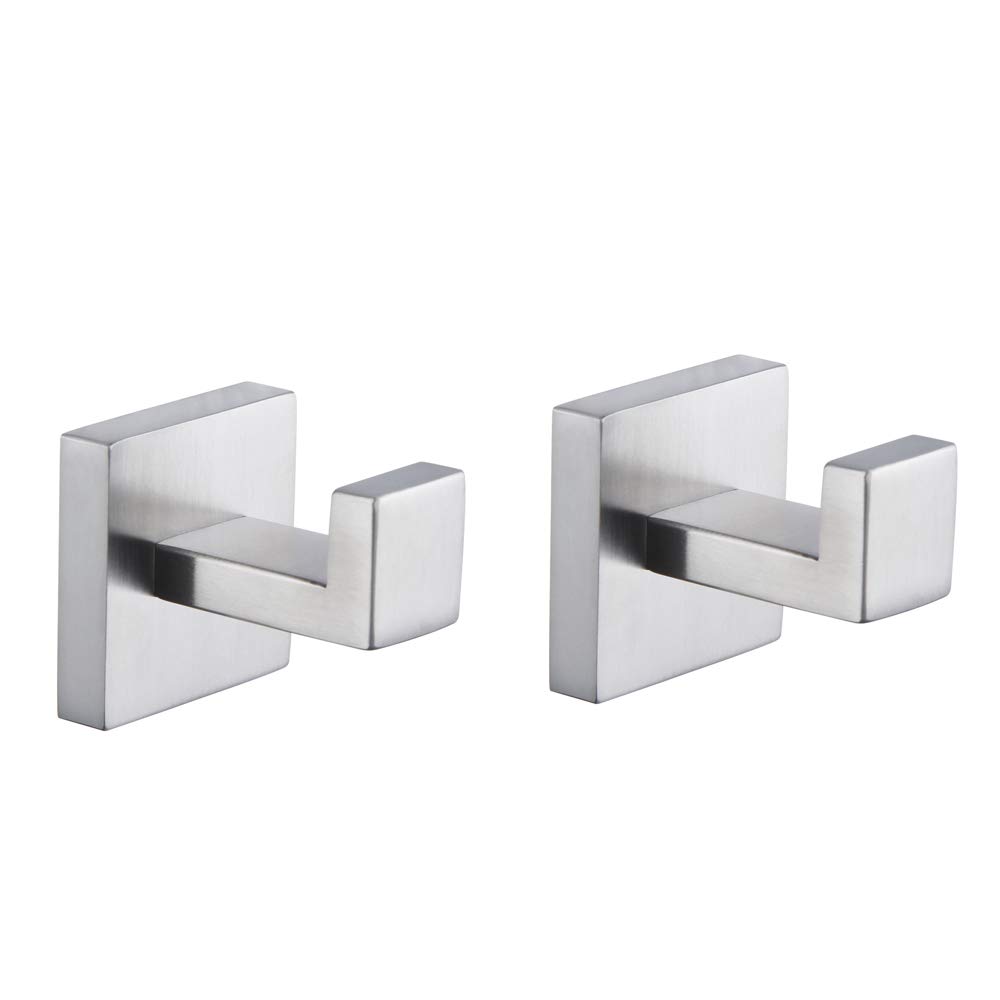 2 Pack Heavy Duty Brushed Stainless Steel Wall Mounted Towel & Robe Hooks - Bathroom, Kitchen, Closet, Garage & Hotel Use - Durable Coat & Clothes Hanger for Doors, Cabinets & Sponge Storage
